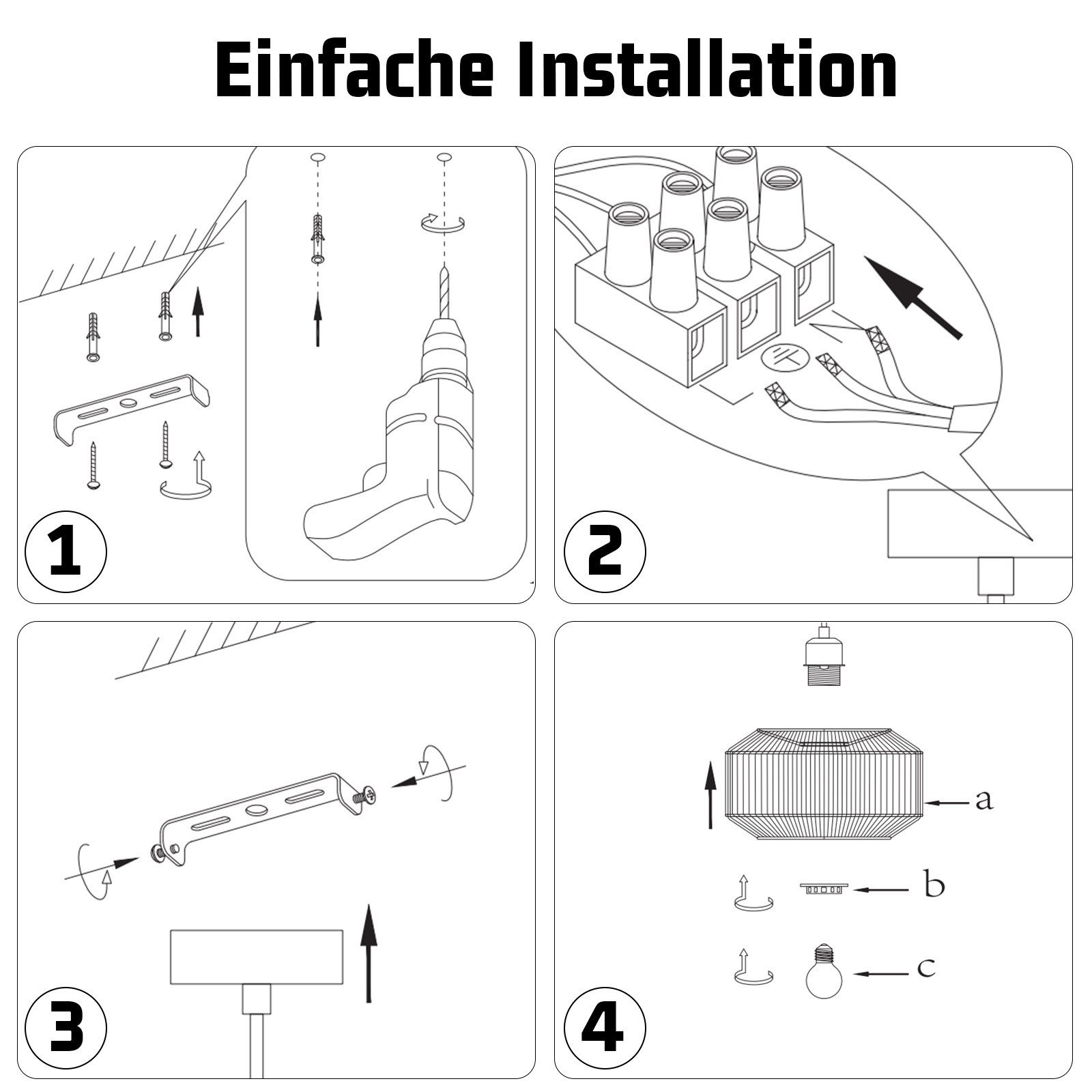 Installationsanweisungen für eine Deckenleuchte mit nummerierten Schritten und Illustrationen.