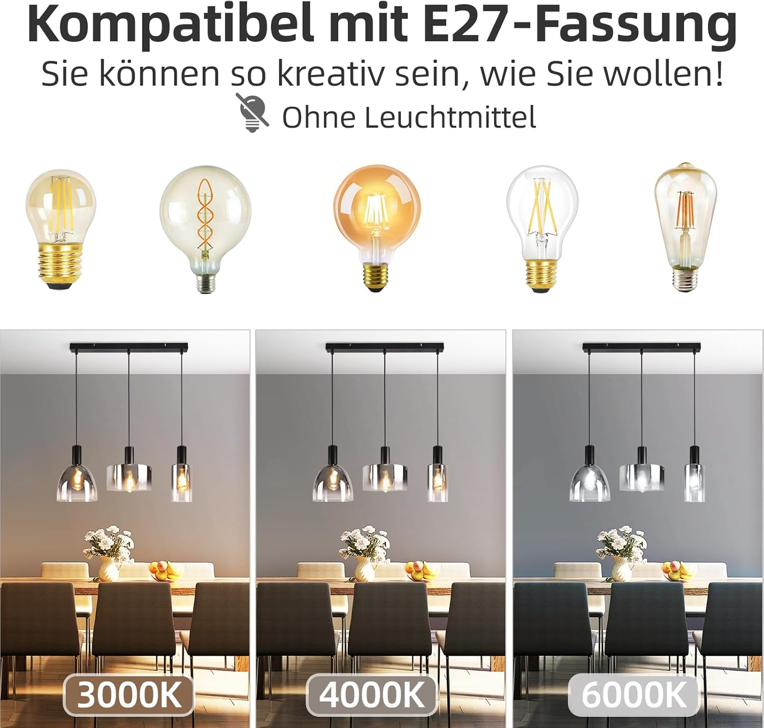 Lampen und verschiedene Glühbirnen. Drei Lampen mit unterschiedlichen Lichteffekten. Weißer Hintergrund.