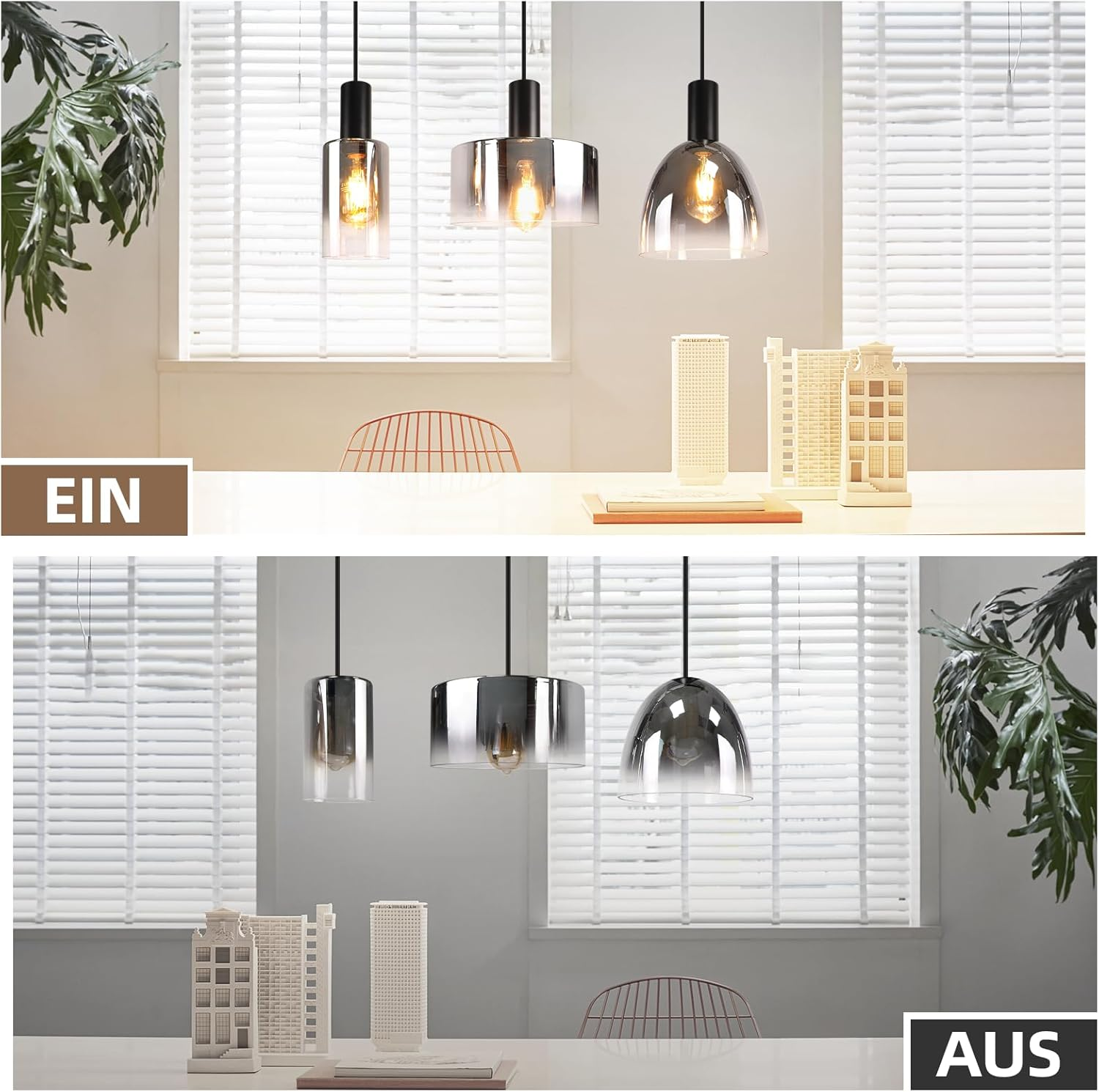 Zwei Bilder von Pendelleuchten mit verschiedenen Glasschirmen. Eines zeigt Lampen an, das andere aus.