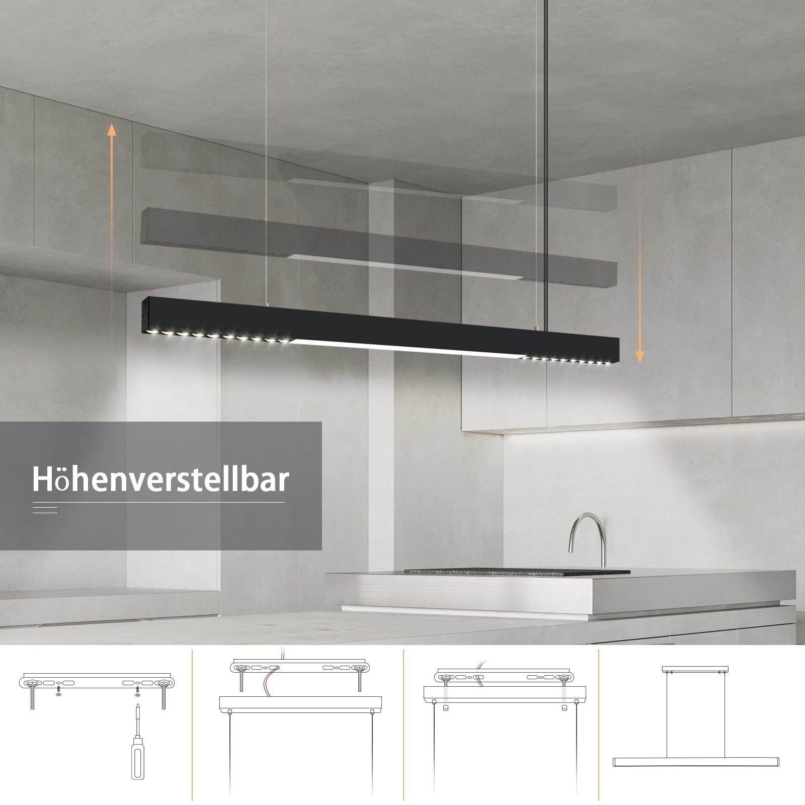 Eine schwarze, lineare Pendelleuchte mit Diagrammen, die die Höhenverstellung zeigen.