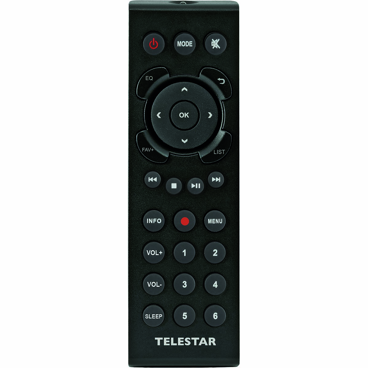 Schwarze Fernbedienung mit vielen Tasten. Text: TeleStar. Tasten für Strom, Menü, Lautstärke und Zahlen.