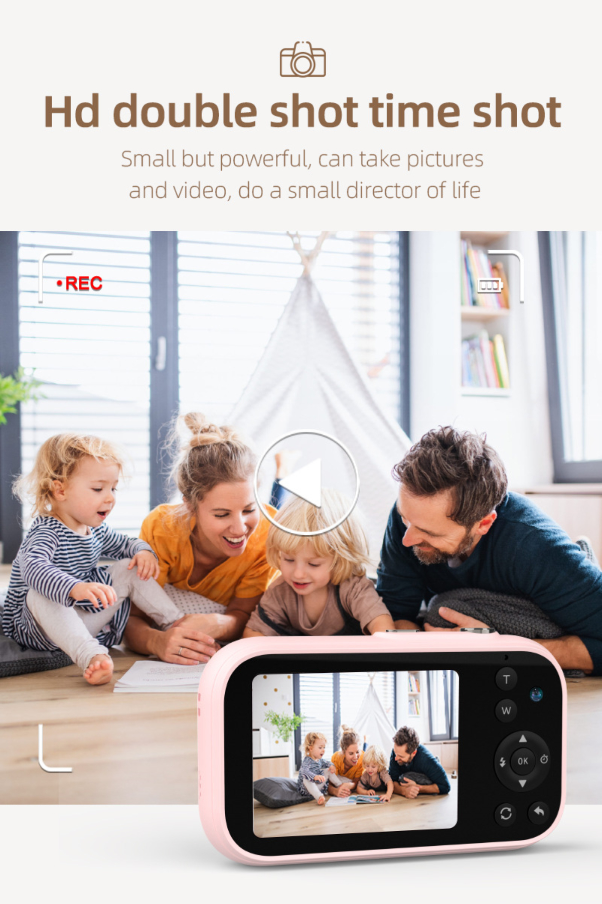 Eine rosa Kamera mit einer Familie, die Fotos macht. Text auf Englisch.