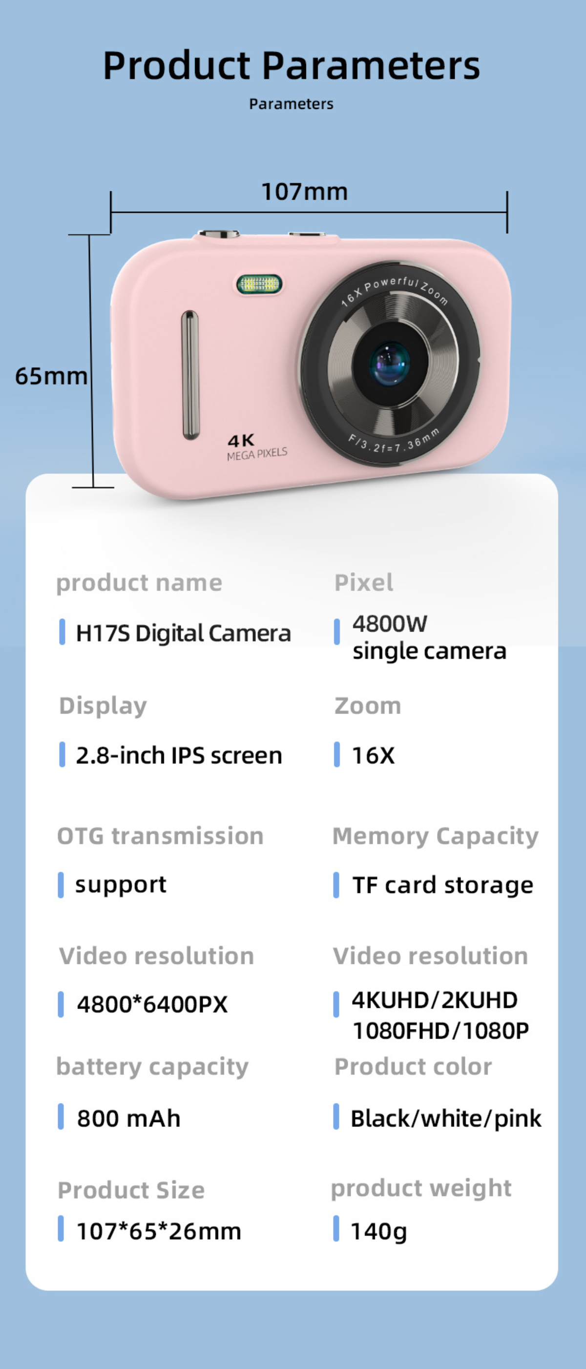 Rosa Digitalkamera mit Produktdetails. Abmessungen und Spezifikationen werden angezeigt.