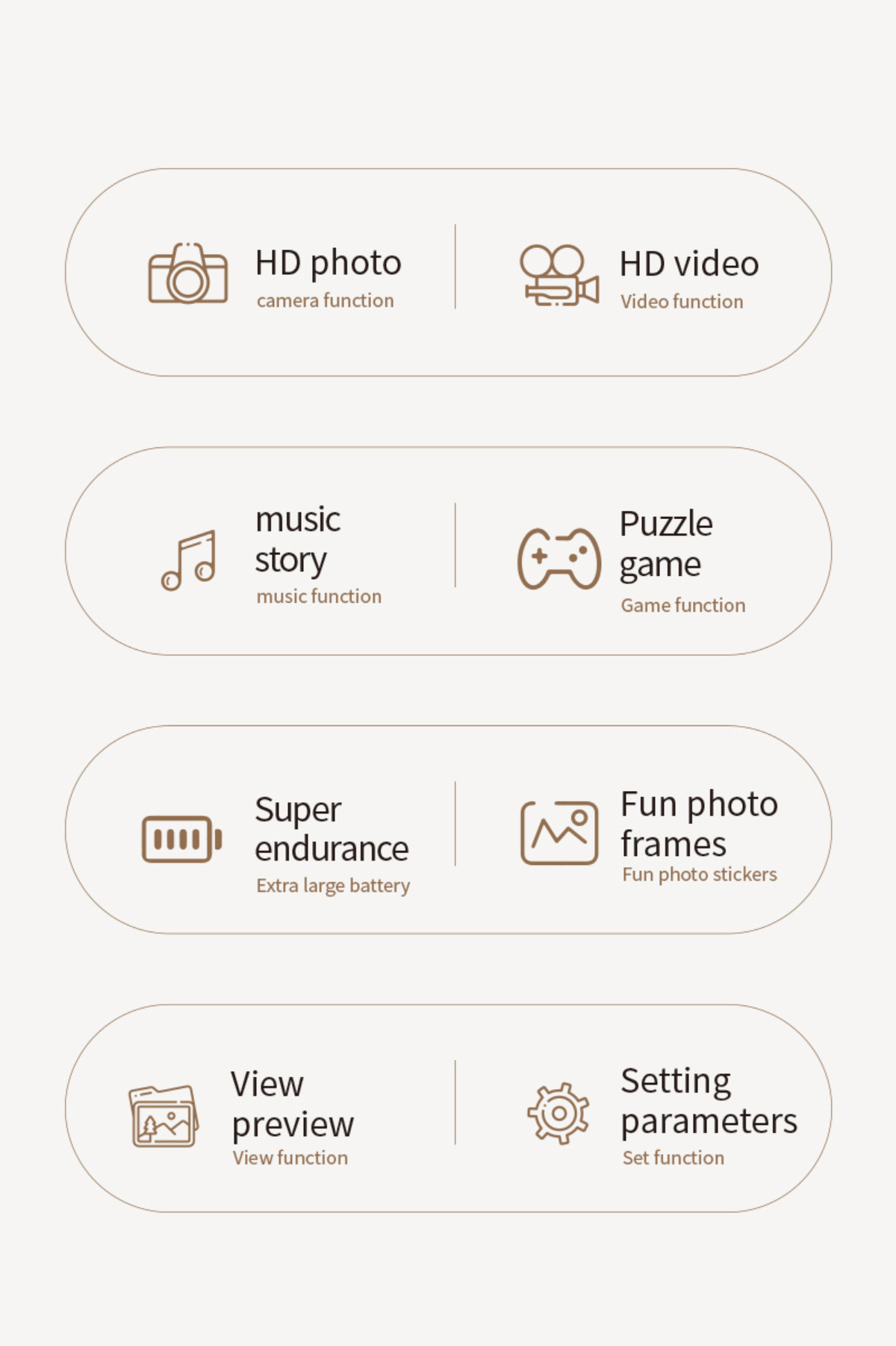 Symbole, die verschiedene Funktionen zeigen: HD-Foto, Video, Musik, Spiel, Akku, Fotorahmen, Vorschau, Einstellungen.