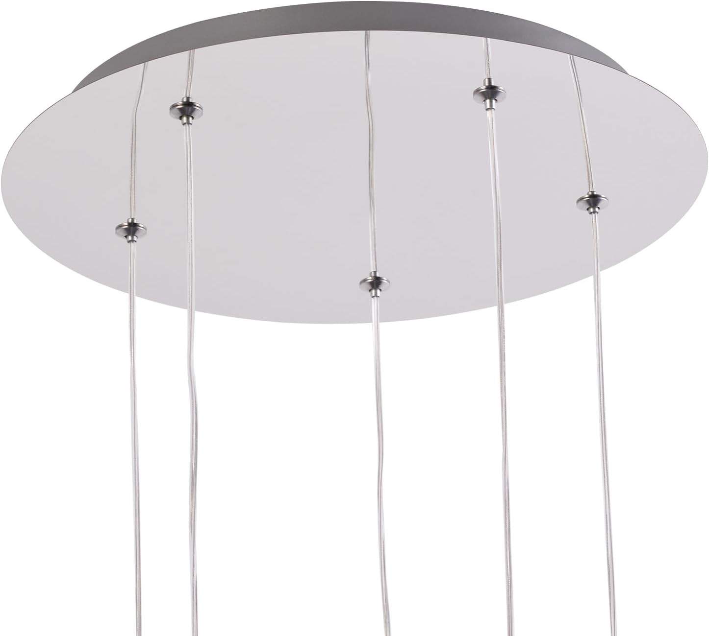 Oprawa oświetleniowa sufitowa z wieloma wiszącymi przewodami, biała i szara.