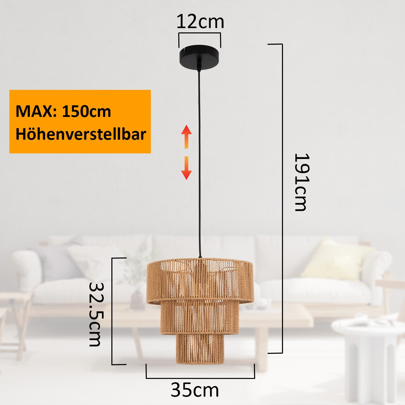 Una lampada a sospensione con paralumi intrecciati. È beige, con dimensioni indicate e un'altezza regolabile di 150 cm.