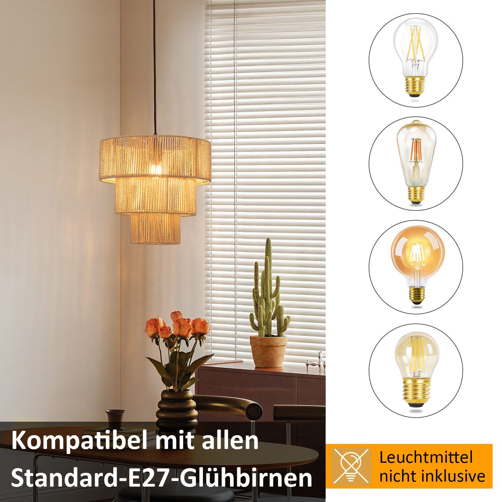 Zona pranzo con lampada a sospensione ed esempi di varie lampadine.