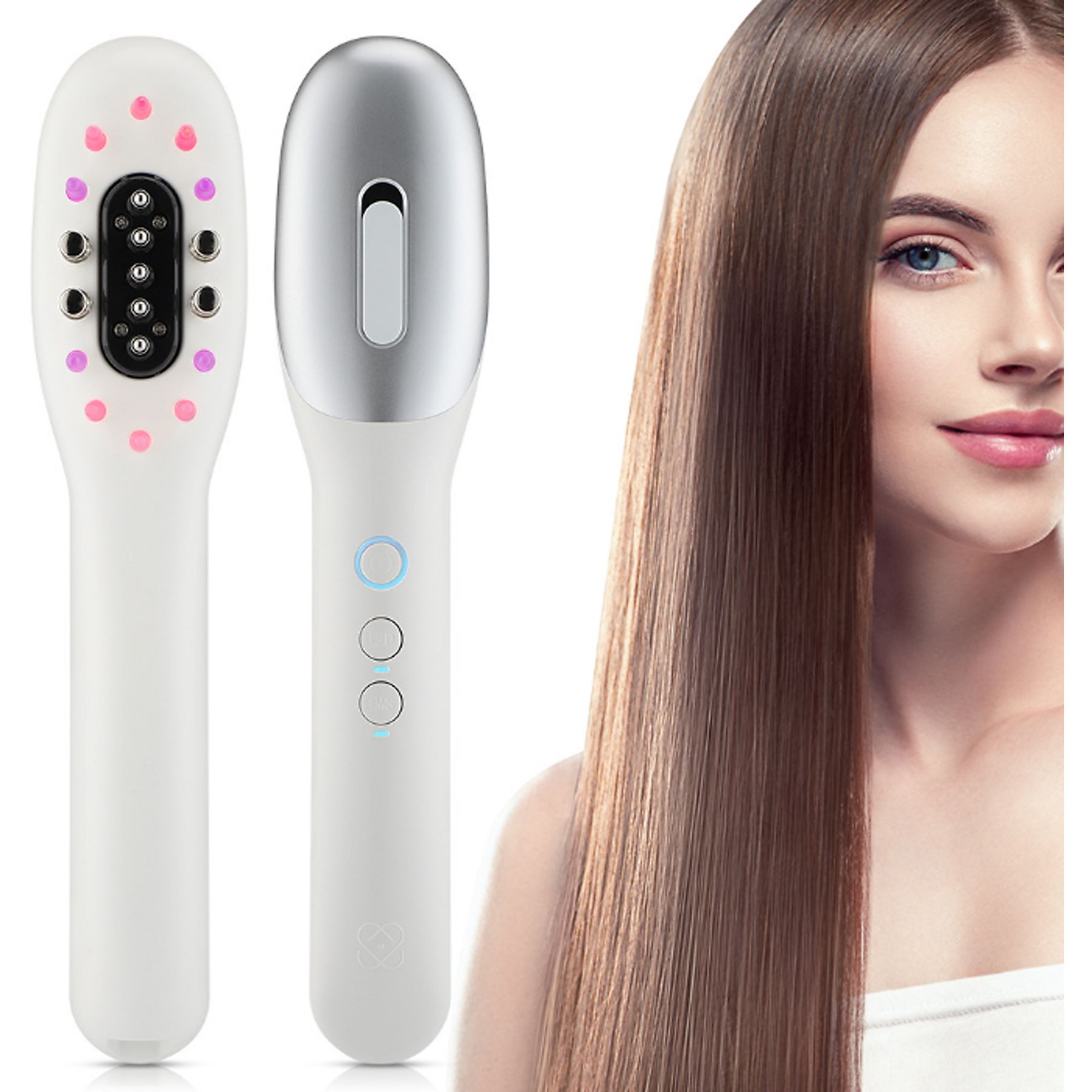 Weißer Haarglätter mit LED-Lichtern. Gesicht einer Frau und glattes Haar im Hintergrund.