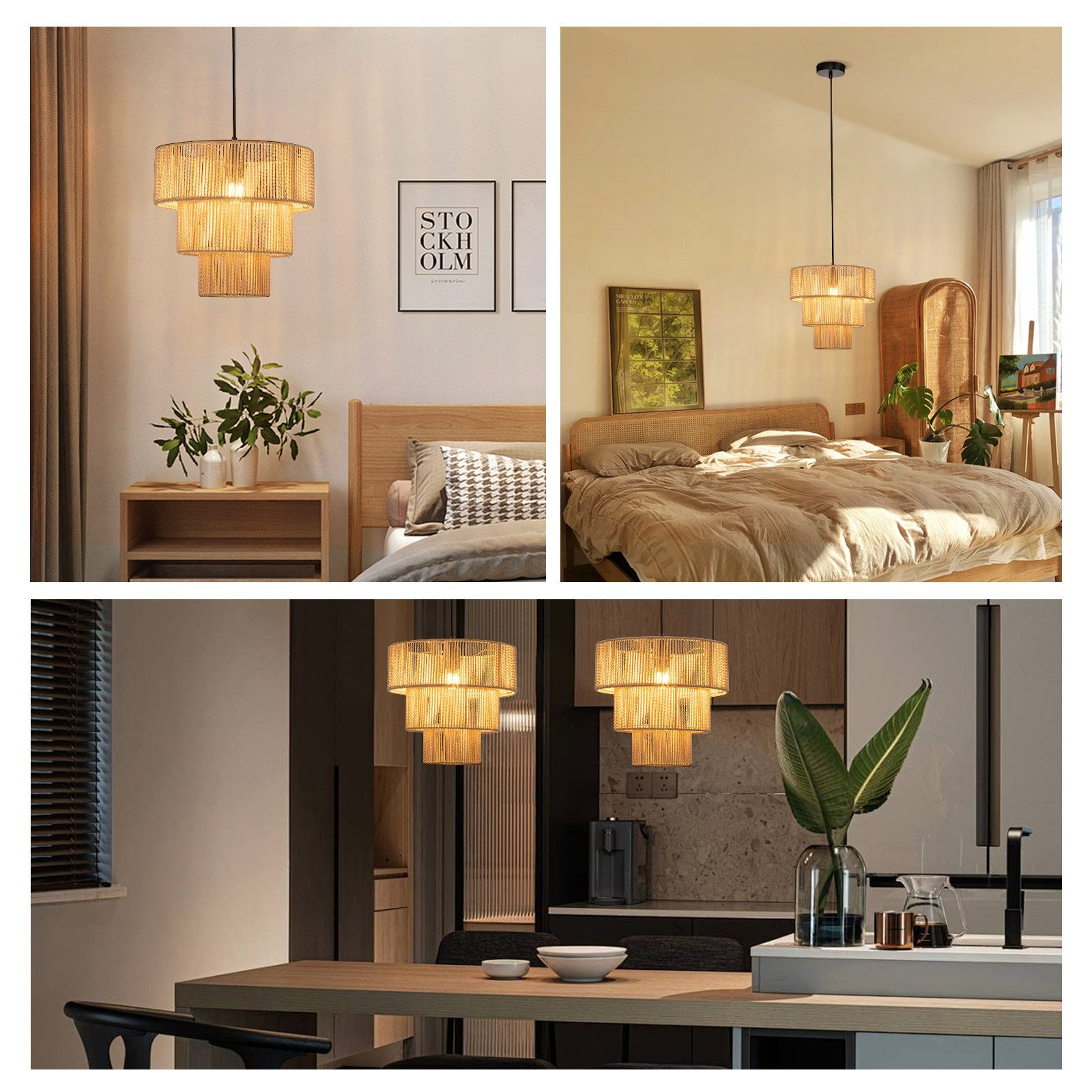 Hängelampen in drei Szenen: zwei Innenräume und eine Nahaufnahme einer Lampe.