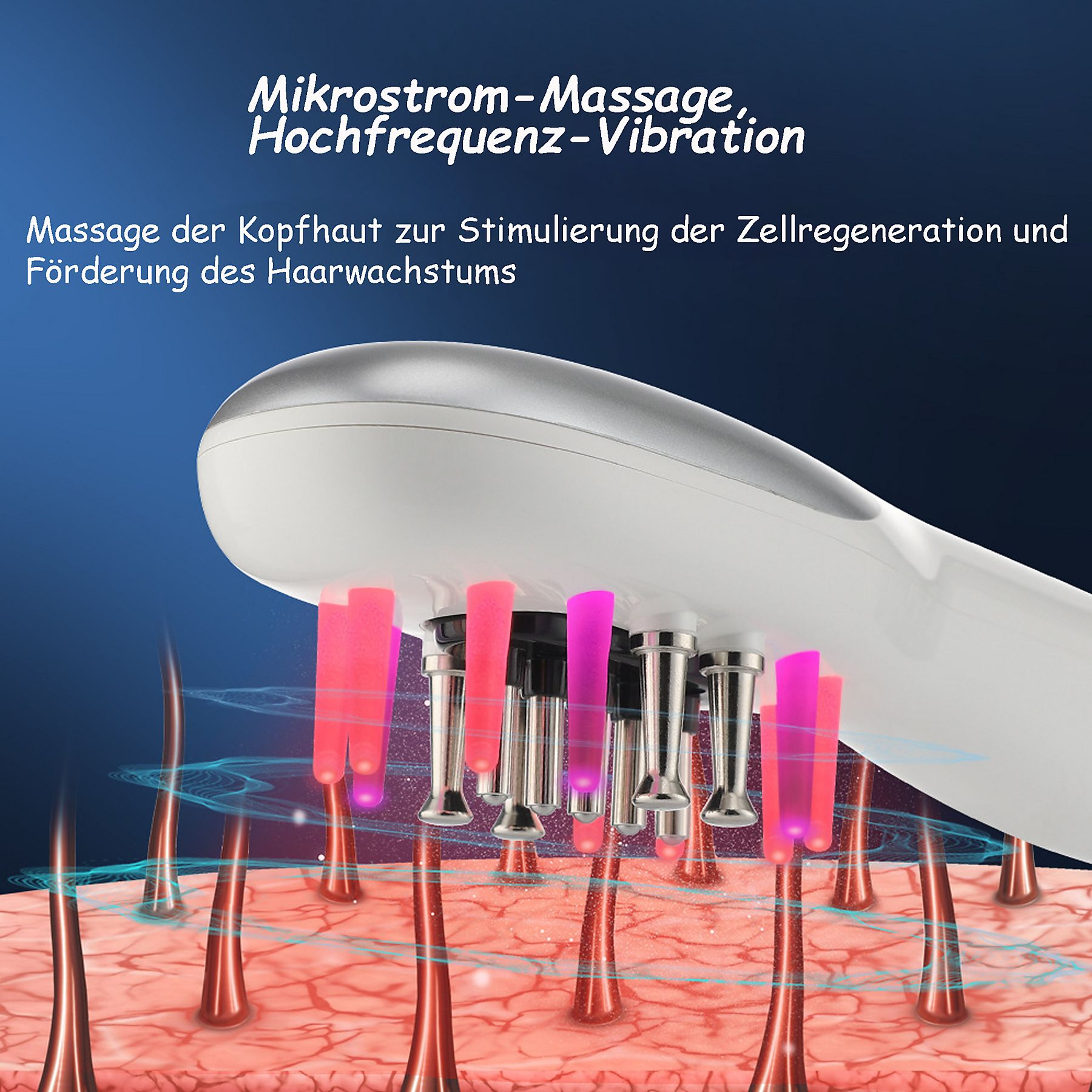 Gerät, das die Kopfhaut mit roten und rosa Lichtern stimuliert, über Haut mit Haarfollikeln gezeigt.