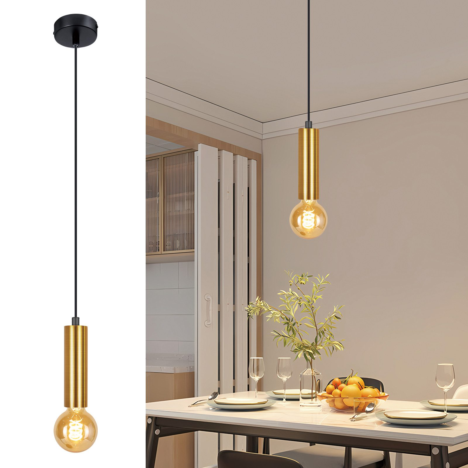 Eine goldene Pendelleuchte hängt herunter. Unten ist eine Glühbirne sichtbar. Der Hintergrund ist ein Esszimmer.