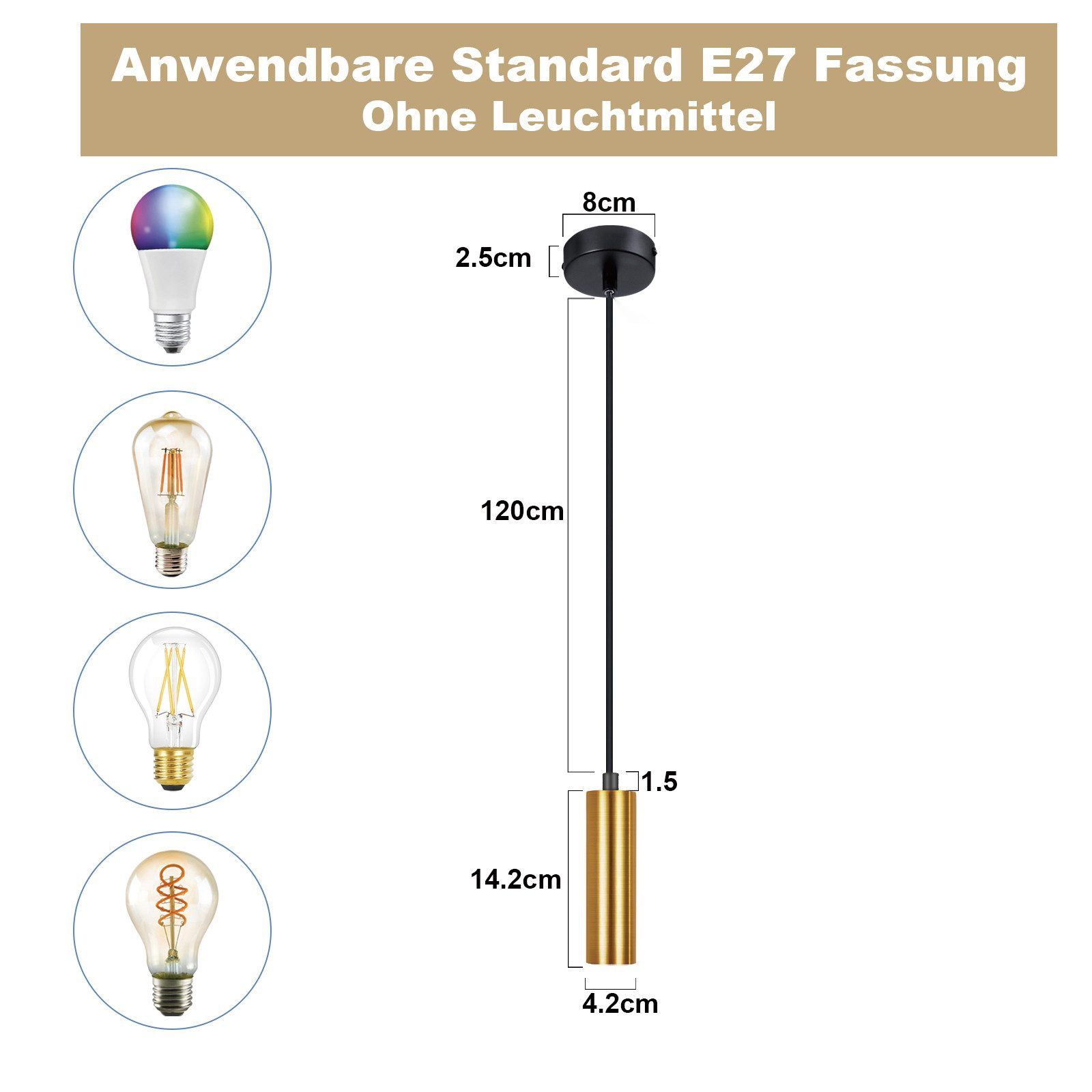 Eine Pendelleuchte mit Goldbasis und vier verschiedenen Glühbirnen.