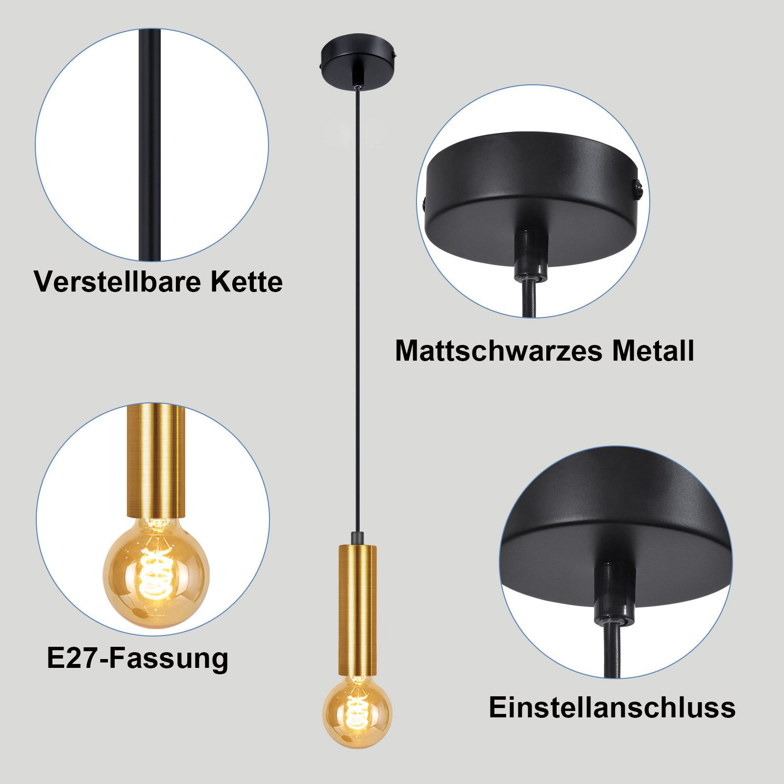Nahaufnahme einer gold-schwarzen Pendelleuchte mit kreisförmigen Details, mit Glühbirne und verstellbarem Kabel.