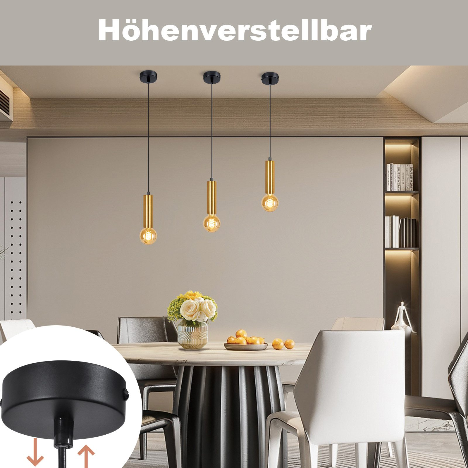Drei goldene Pendelleuchten hängen über einem Tisch, höhenverstellbar.