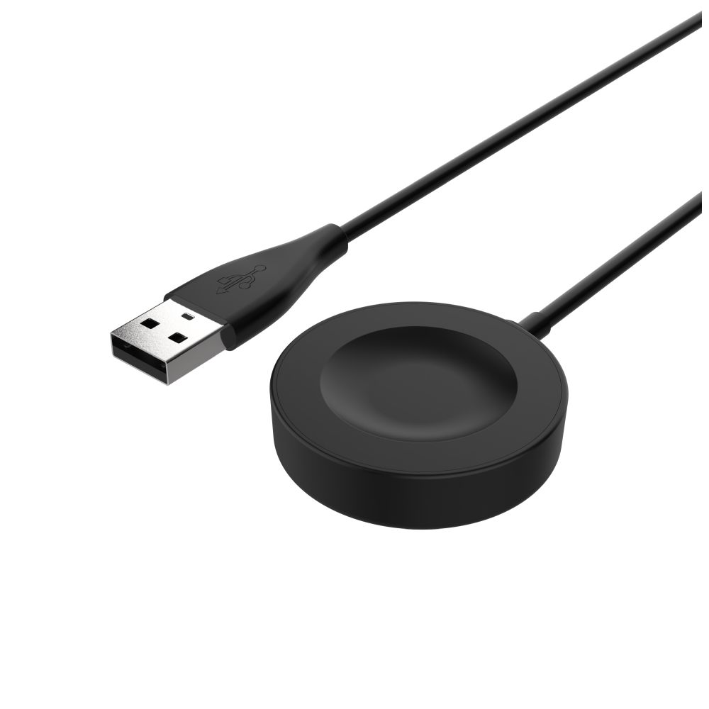 Ein schwarzes USB-Ladekabel mit einer runden Ladebasis.