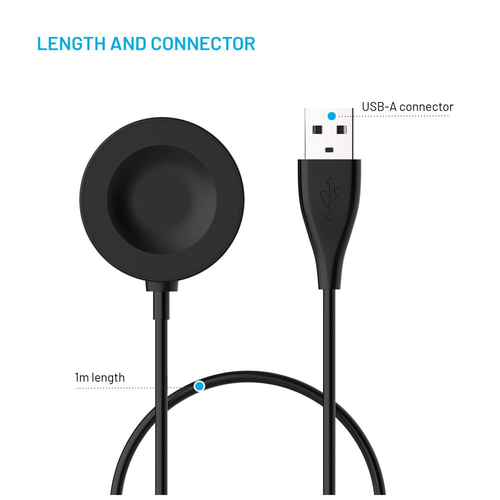 Schwarzes kreisförmiges Ladegerät und USB-Kabel. Der Text sagt: LÄNGE UND ANSCHLUSS. Zeigt USB-A-Anschluss und 1 m Länge.