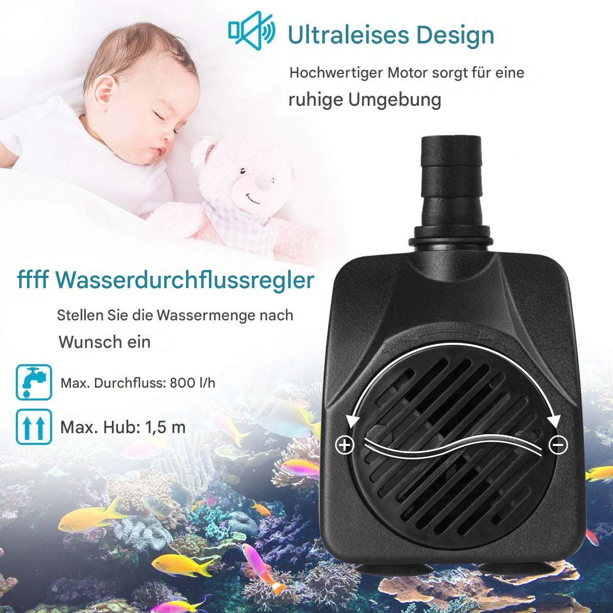 Eine schwarze Aquariumpumpe mit einem schlafenden Baby und einem Teddybären im Hintergrund. Text zeigt die Wasserdurchflussregelung.