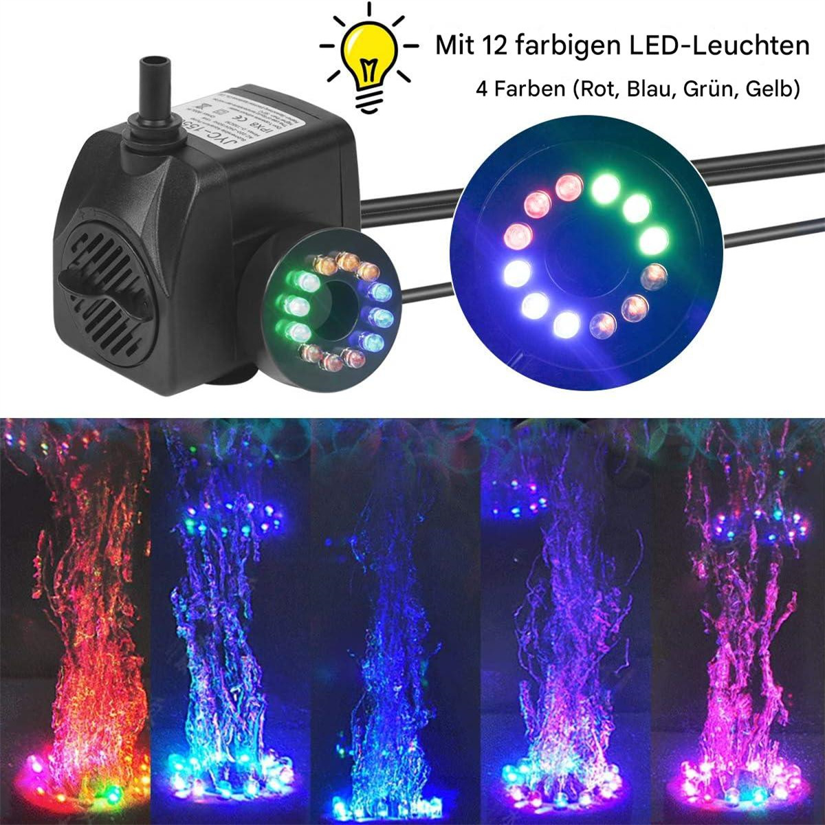 Eine schwarze Wasserpumpe mit bunten LED-Leuchten, die Wasserstrahlen aussenden.