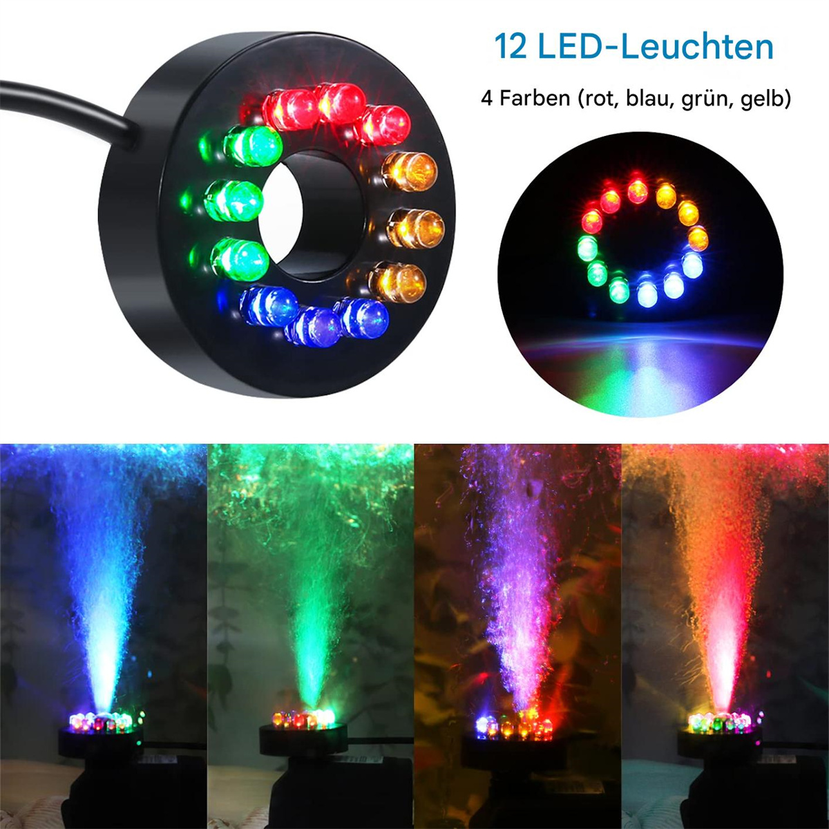 Ein schwarzes, kreisförmiges Gerät mit farbigen LEDs, mit Wasserfontänen in verschiedenen Farben.