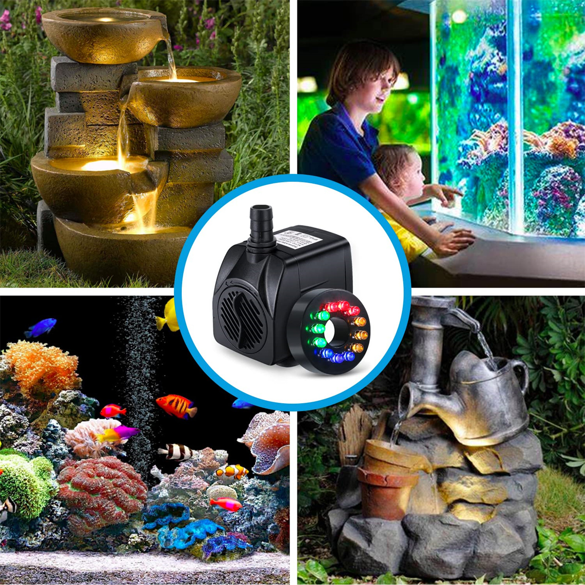 Eine Collage: ein Springbrunnen, Leute, die ein Aquarium betrachten, und eine kleine Pumpe.
