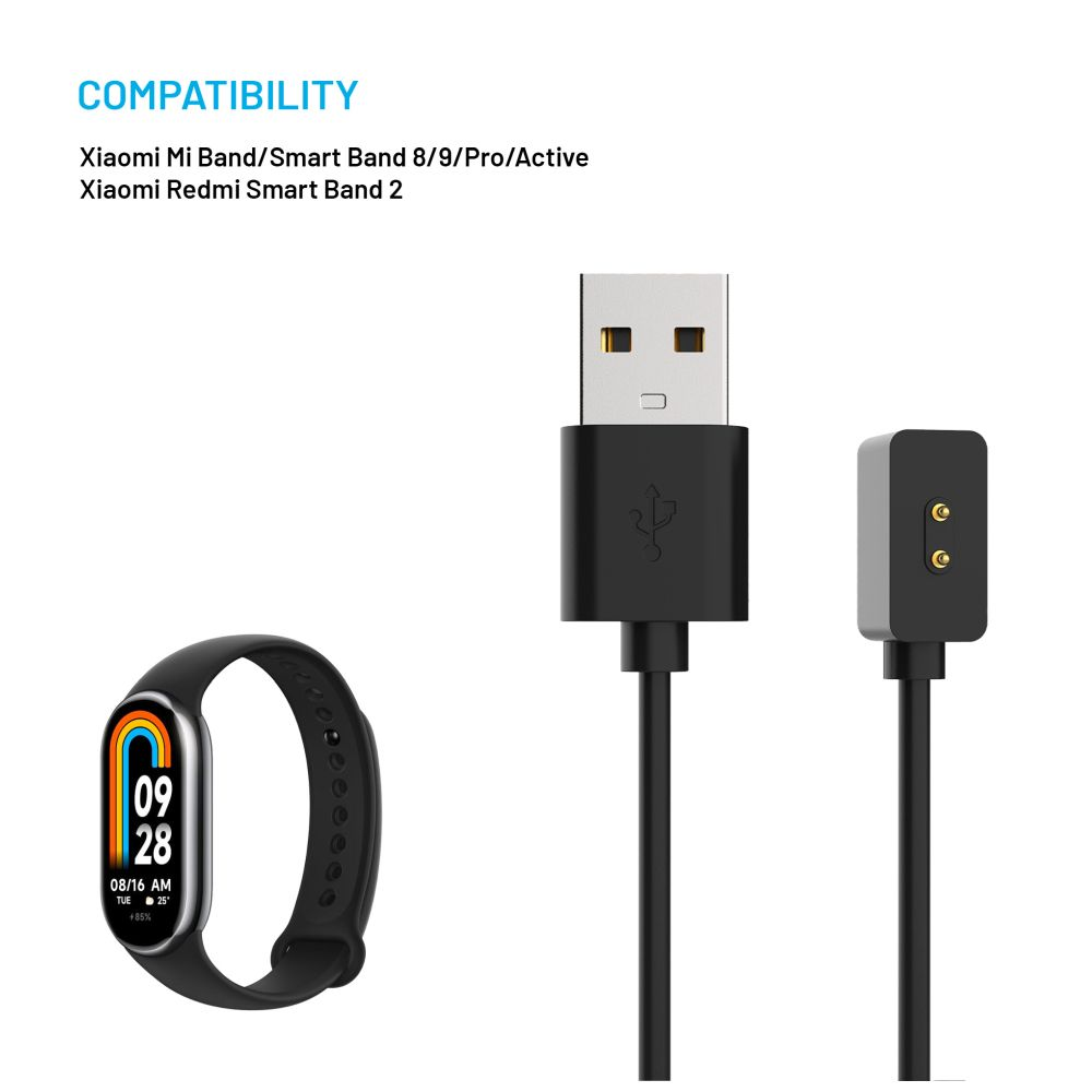Schwarze Smartwatch, USB-Ladekabel und Ladeanschluss. Text links zeigt Kompatibilität an.