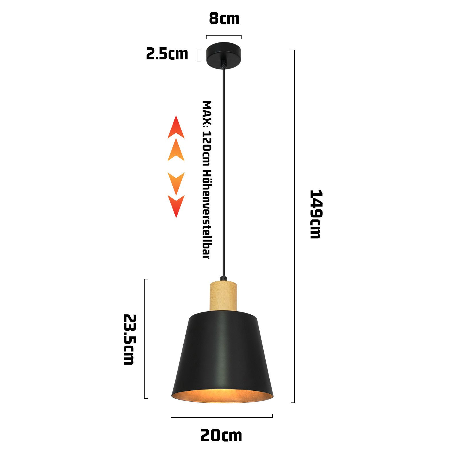 Una lampada a sospensione nera e in legno. Le dimensioni sono mostrate. La lampada è appesa al soffitto.