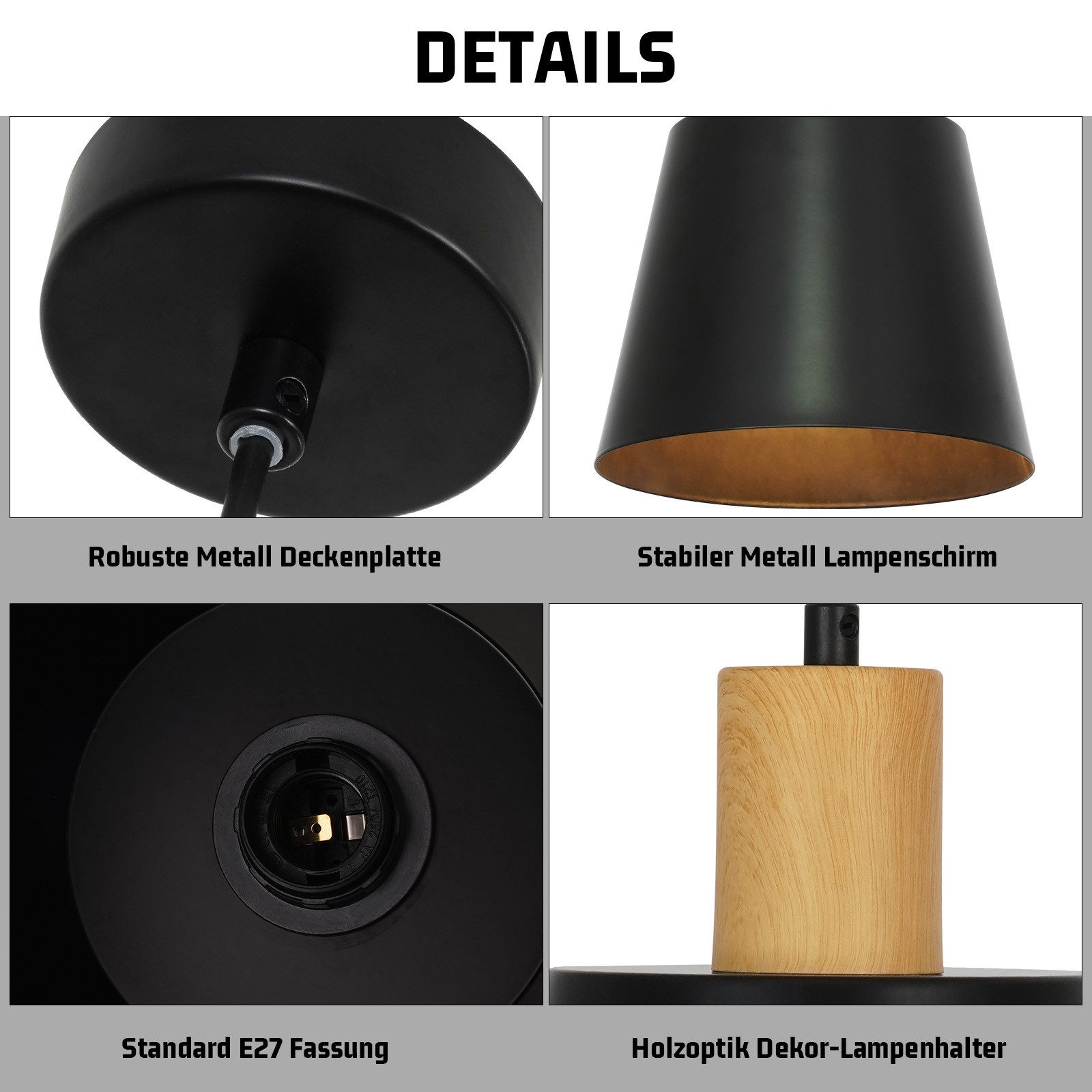Dettagli ravvicinati di una lampada da soffitto nera: piastra, paralume, portalampada e portalampada.