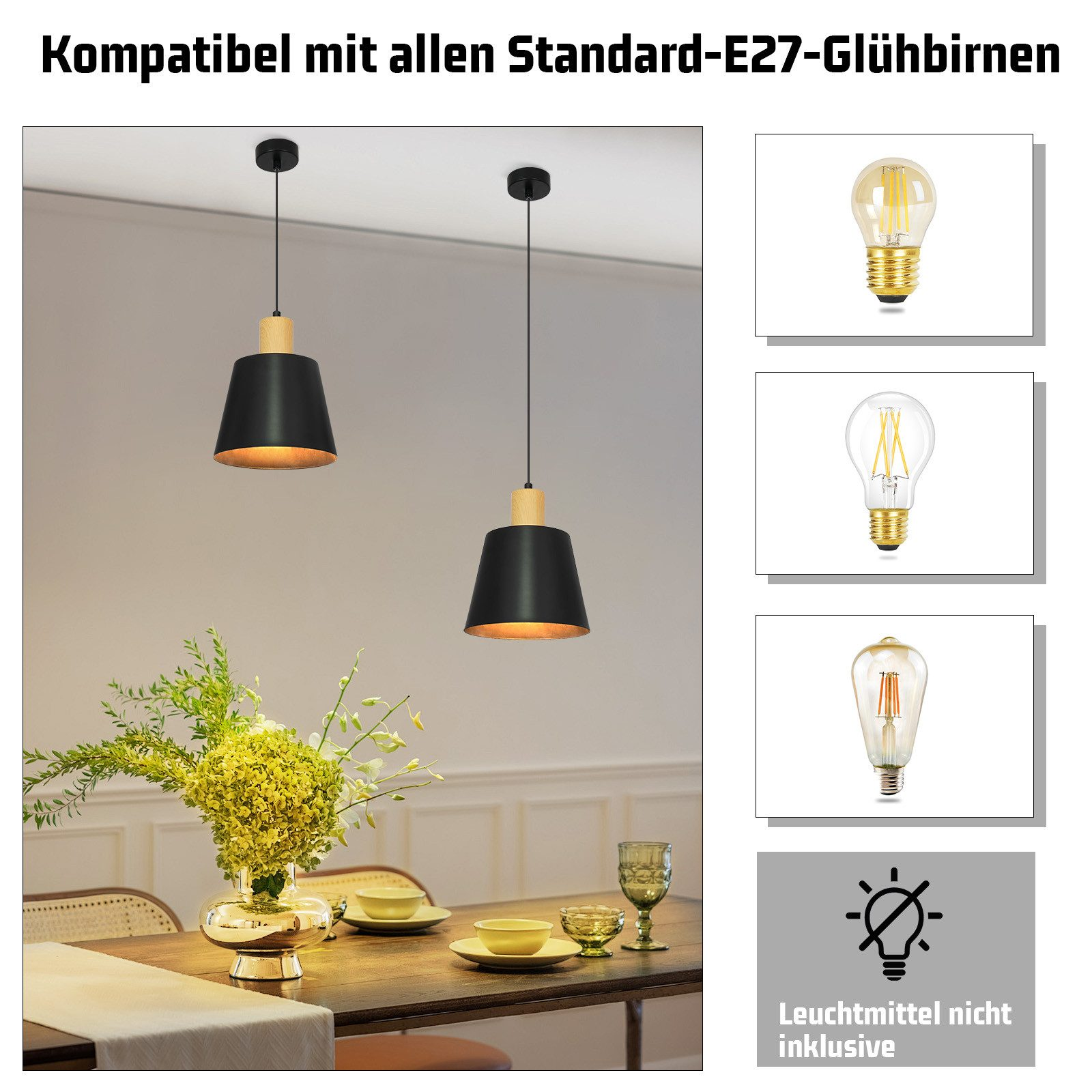 Due lampade a sospensione con top in legno, con diversi tipi di lampadine su sfondo bianco.