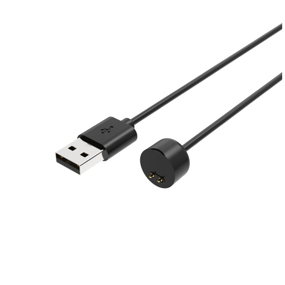 Schwarzes USB-Ladekabel mit USB-Anschluss und rundem Ladeende.
