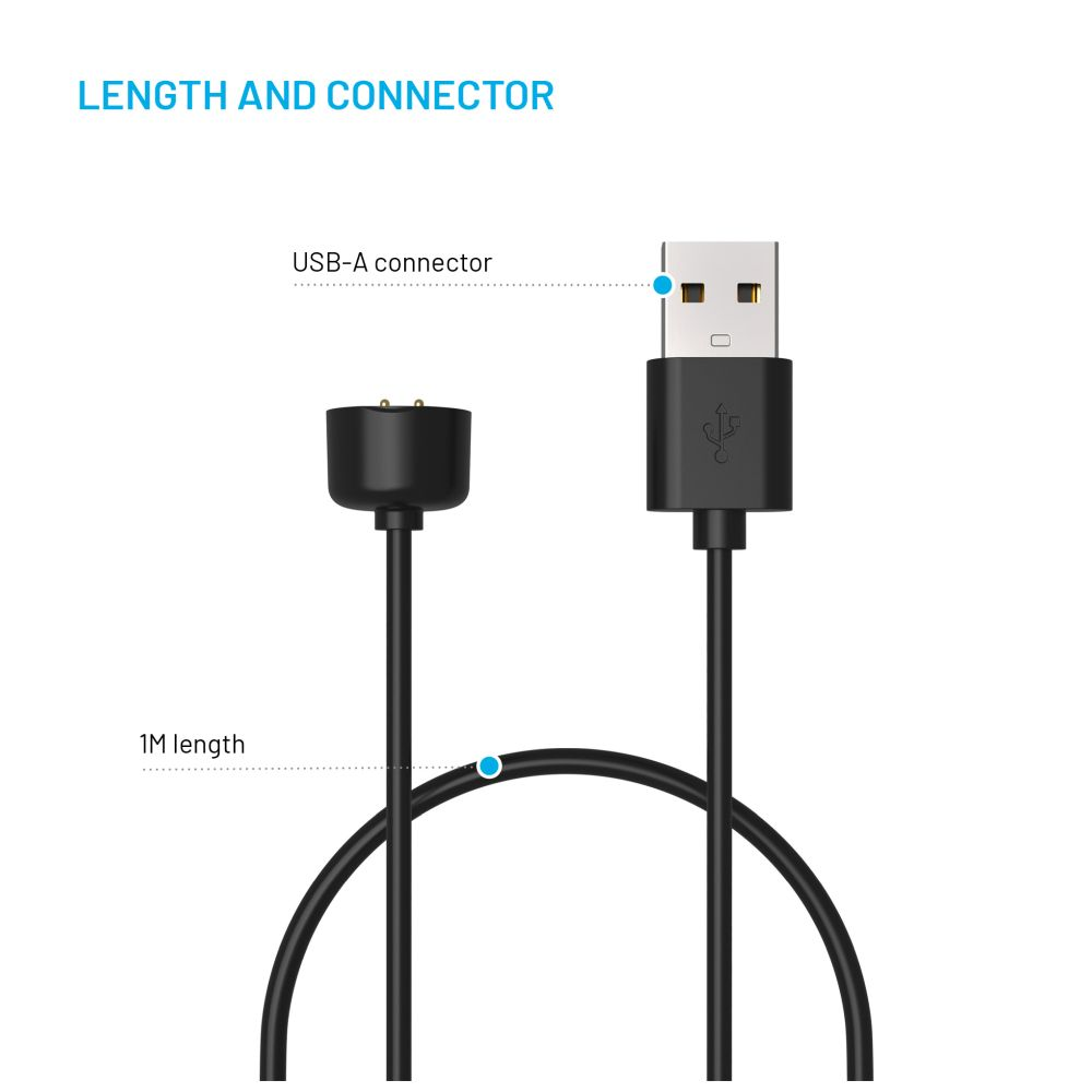 Ein schwarzes Ladekabel mit USB-A-Anschluss an einem Ende. Das andere Ende hat Ladepins. Text beschriftet die Teile.