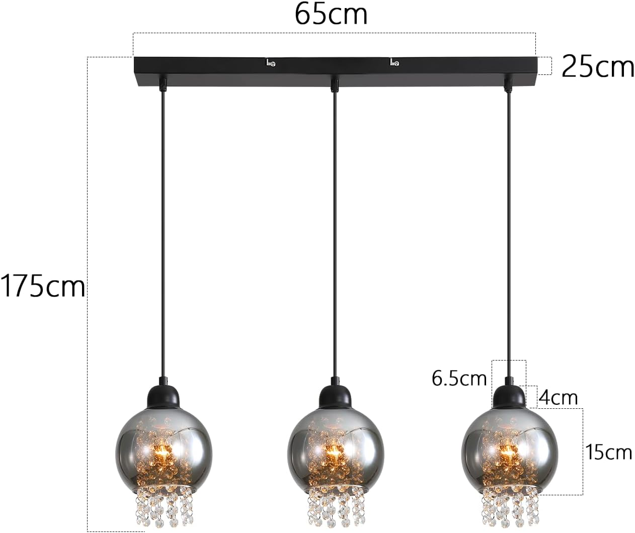 Una lámpara colgante con tres lámparas en forma de globo, que muestra dimensiones y un detalle de cristal.