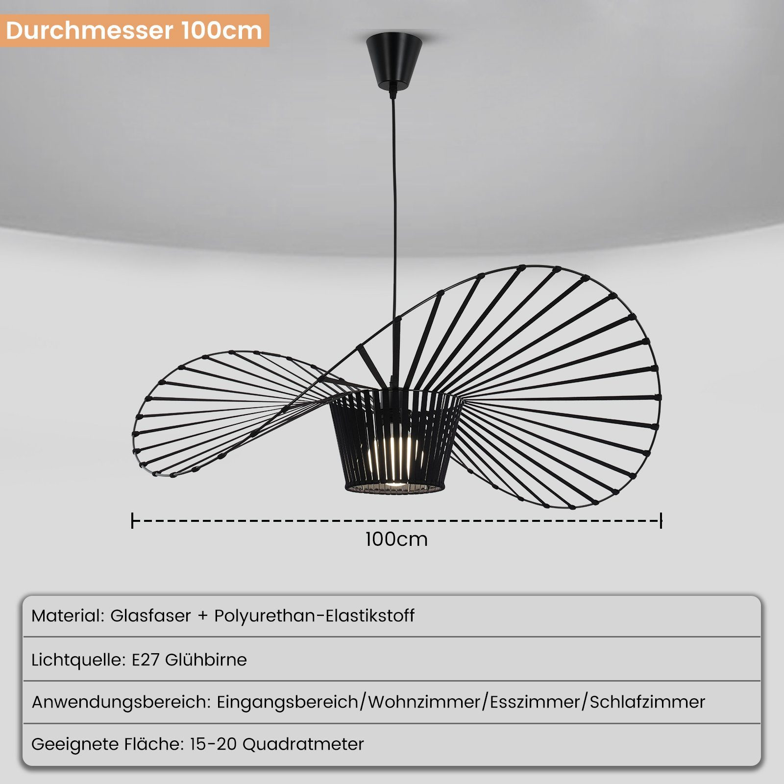 Eine schwarze, moderne Deckenleuchte mit einem breiten, fächerartigen Design. Abmessungen sind beschriftet. Text beschreibt das Material.