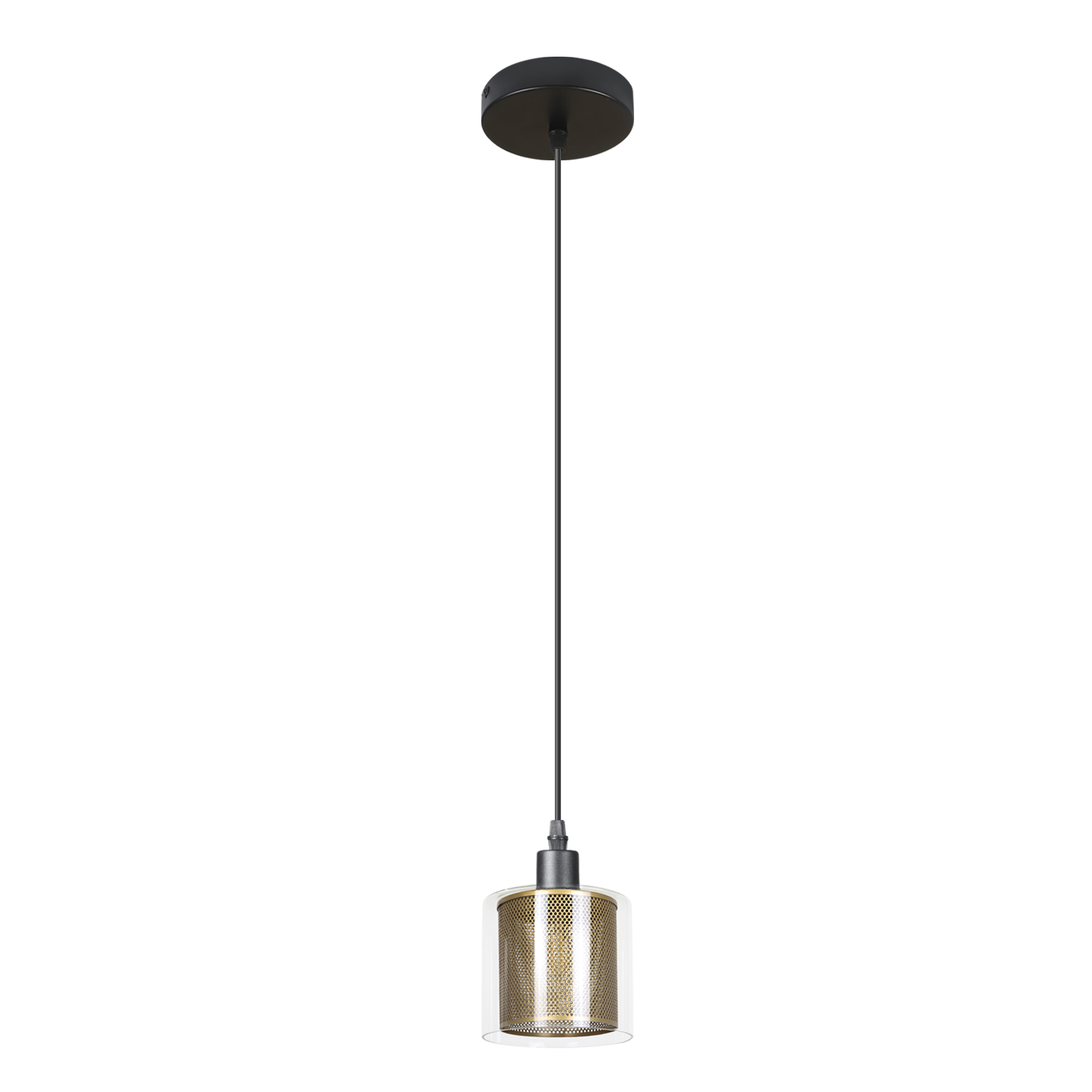 Hängelampe mit Metallkäfig und Glasabdeckung auf weißem Hintergrund.