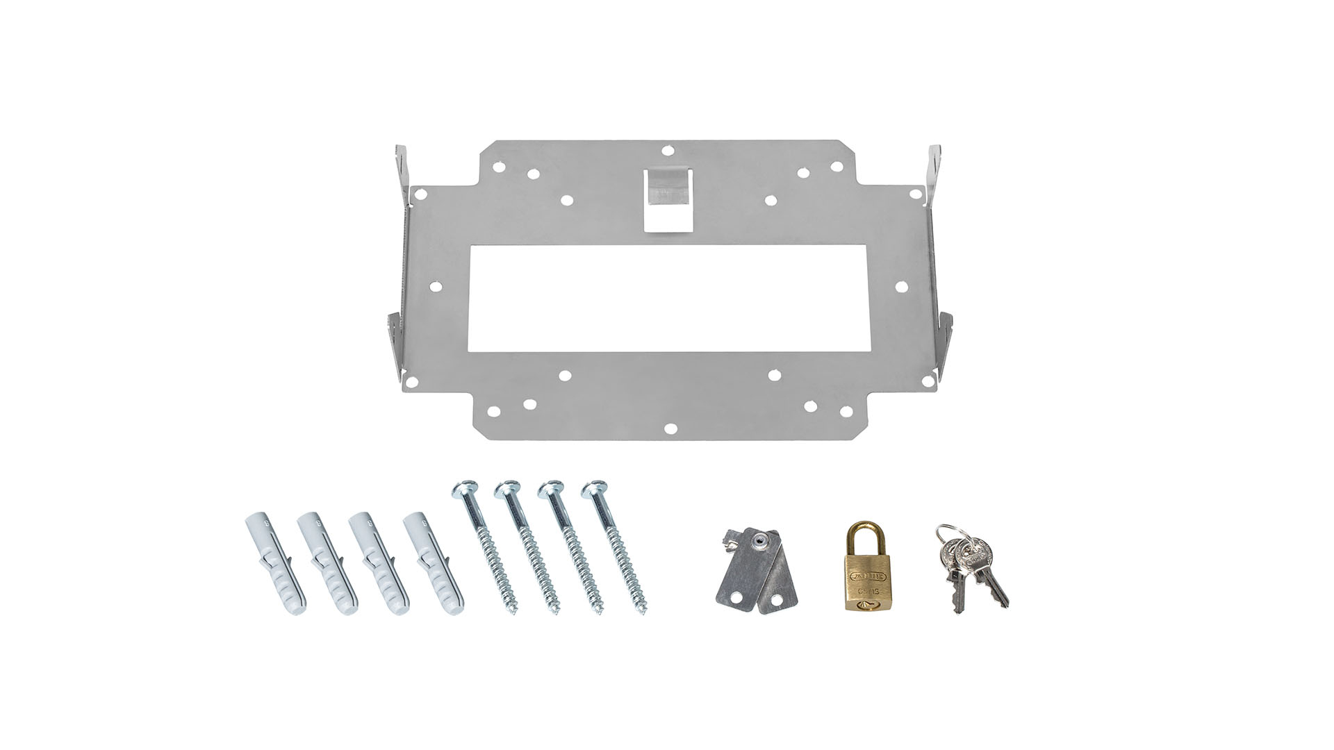 Zestaw srebrnych elementów sprzętowych: wspornik, śruby, kołki, zamek i klucze.