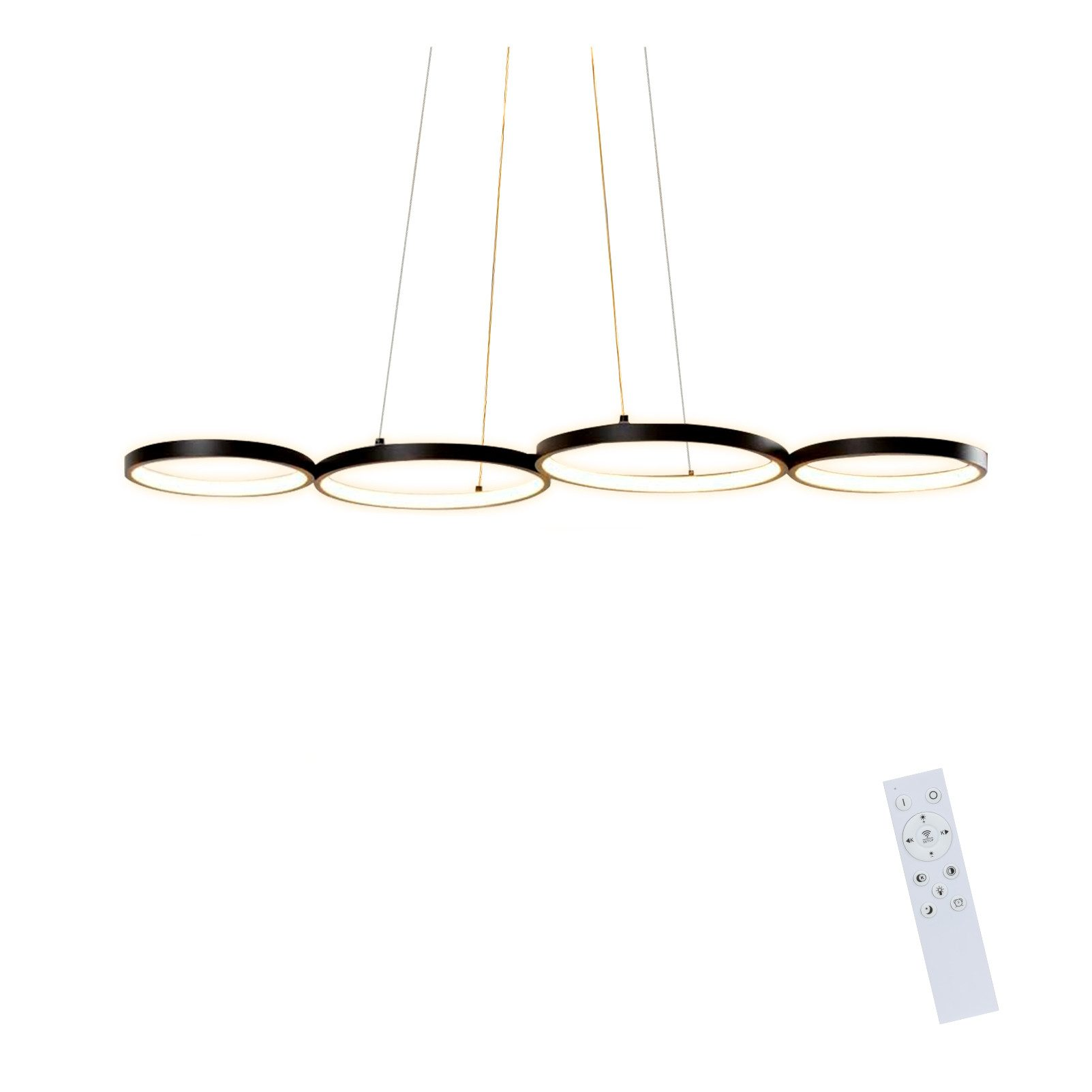 Vier schwarze kreisförmige Lichter hängen von der Decke. Darunter befindet sich eine Fernbedienung.