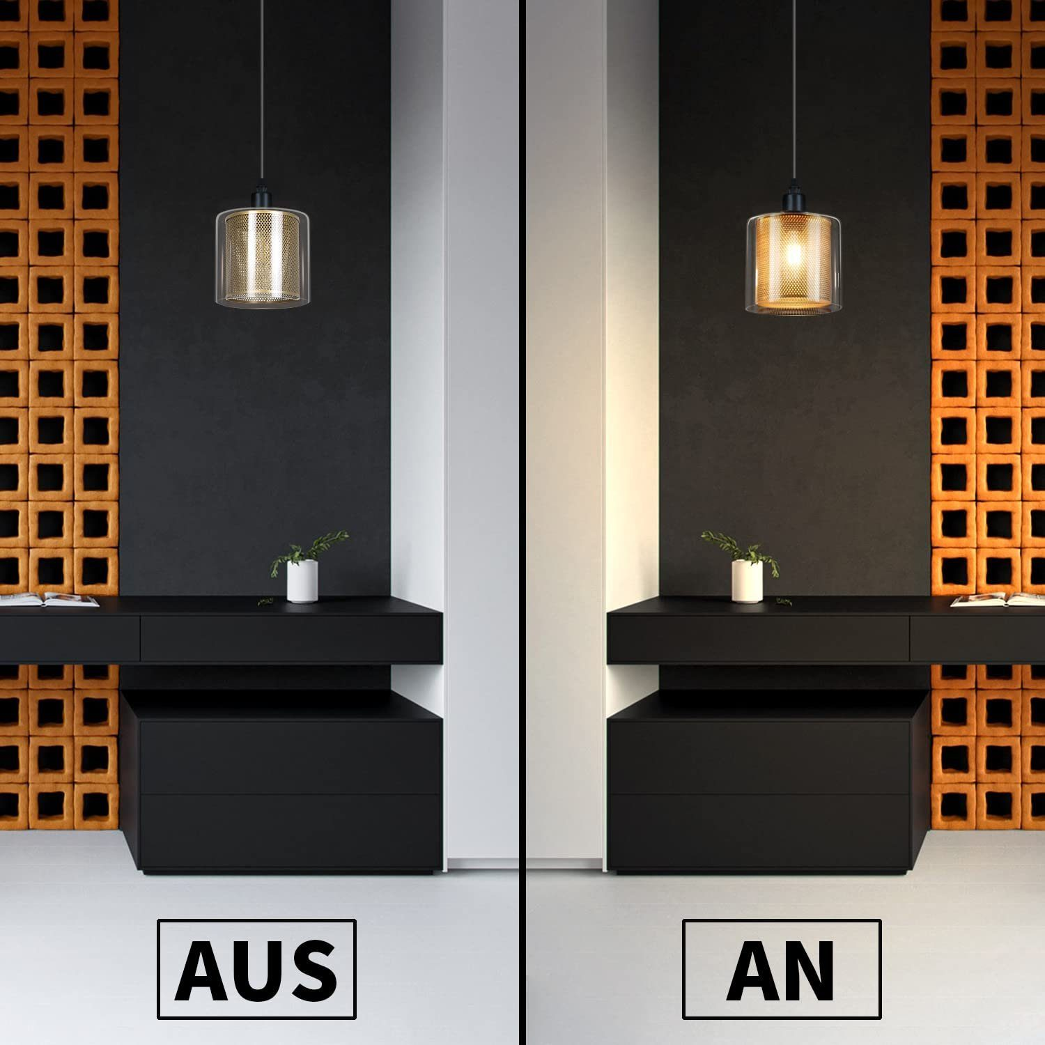 Zwei Bilder: Eine Lampe an und aus. Schwarzer Schreibtisch, Backsteinmauer und weiße Wand im Hintergrund.