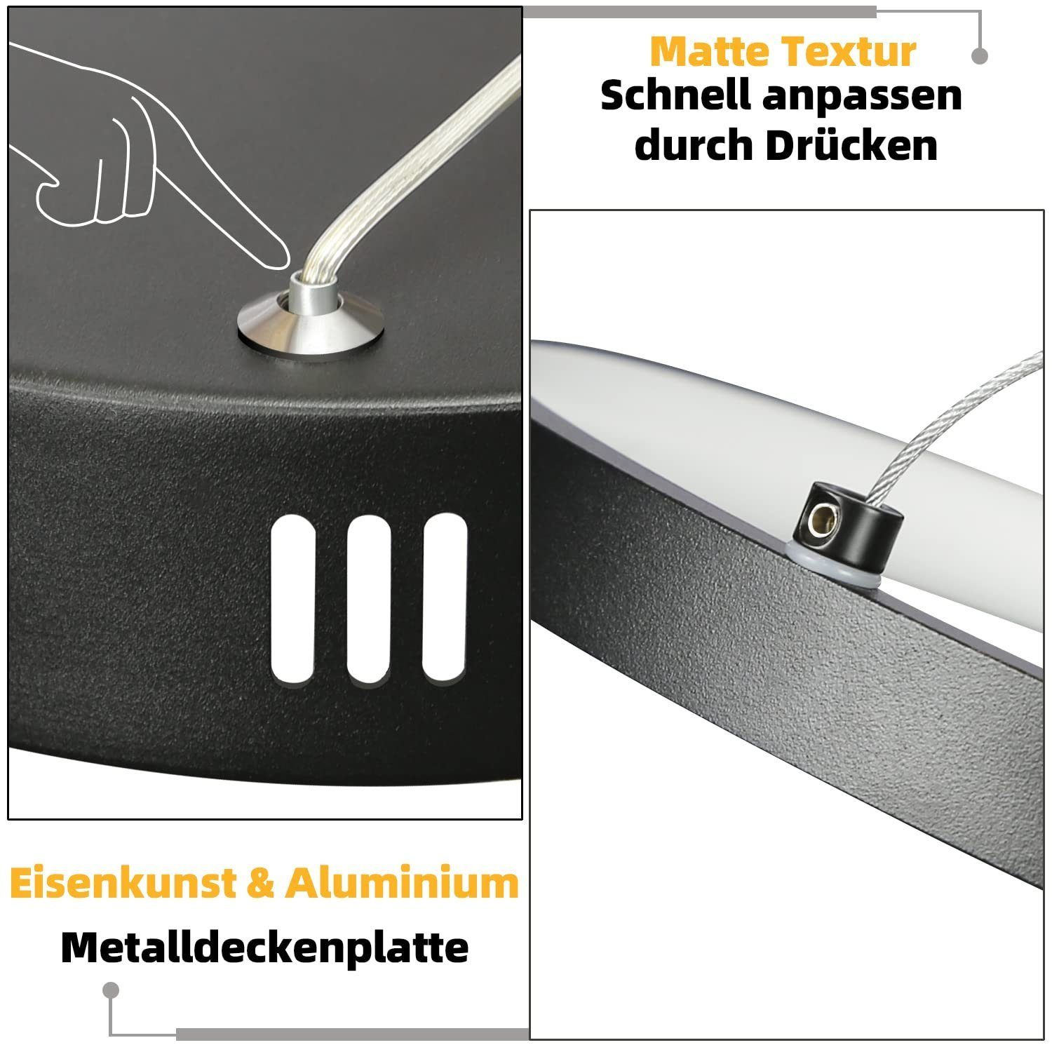 Nahaufnahme einer schwarzen Deckenplatte mit Text, der ihre Eigenschaften beschreibt.