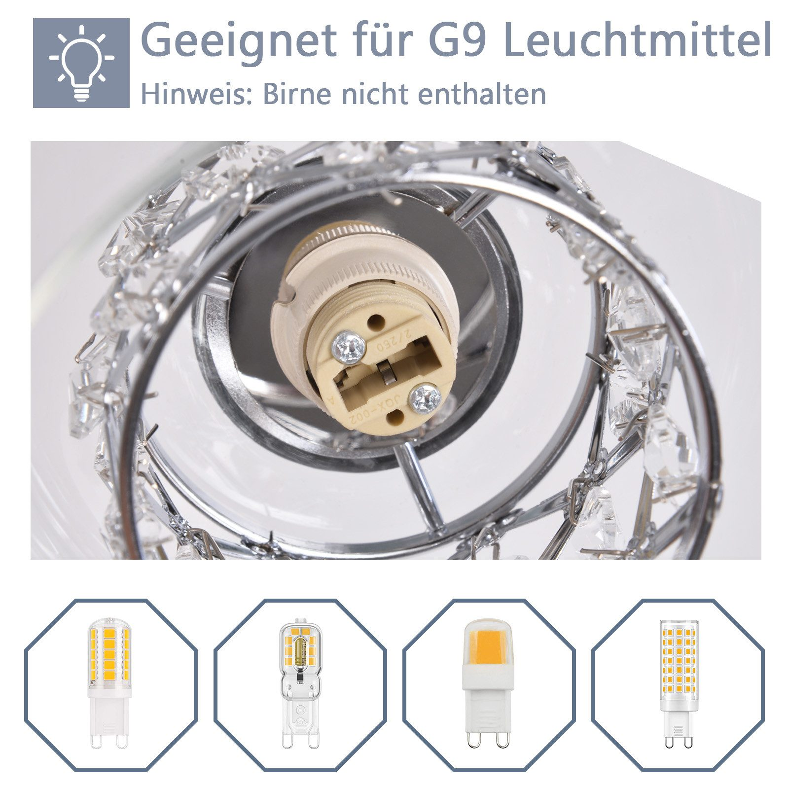 Zbliżenie oprawy oświetleniowej z czterema żarówkami LED i dekoracyjnymi kryształami.