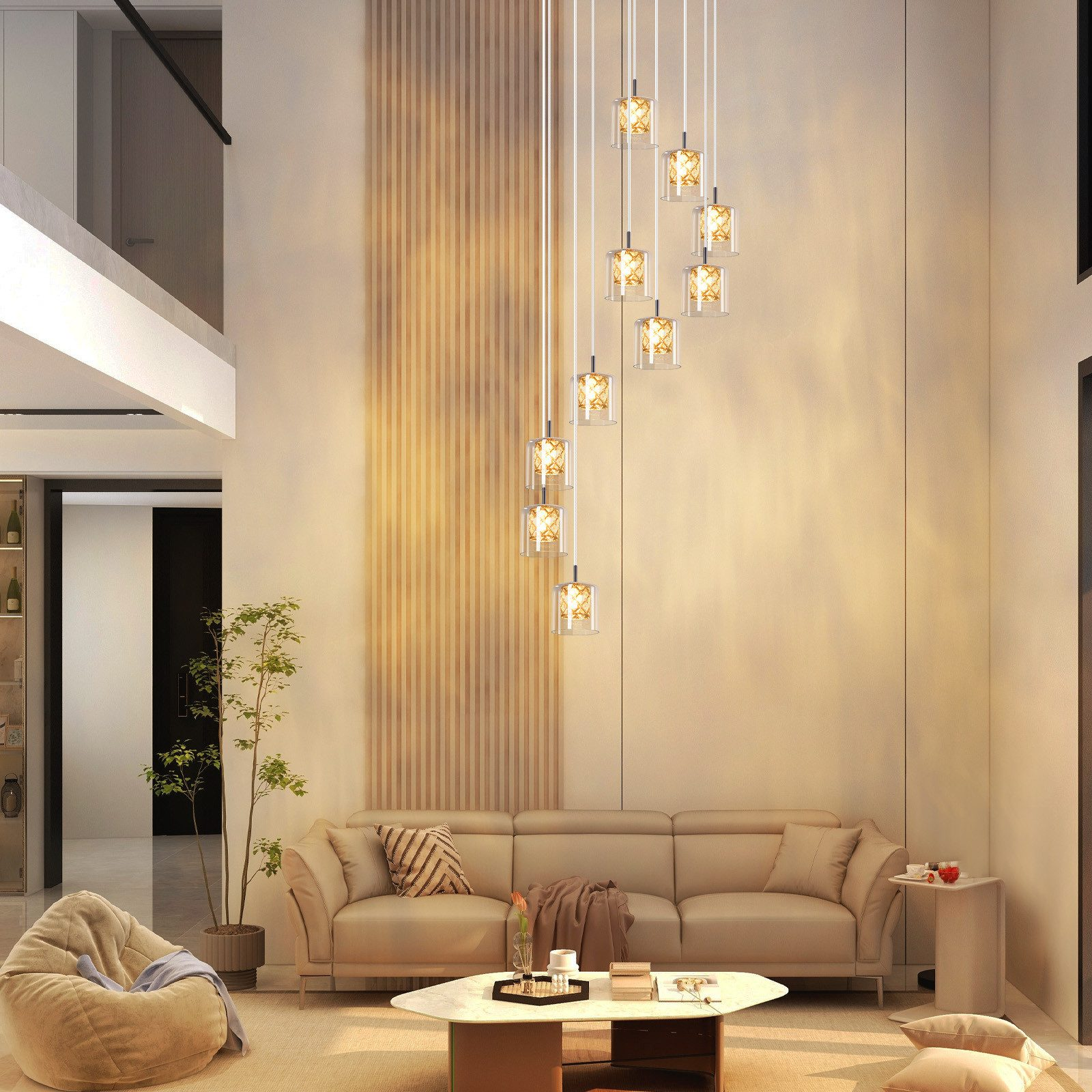 Salon o nowoczesnym designie. Lampy wiszące nad sofą. Beżowe ściany, jasne i przestronne.