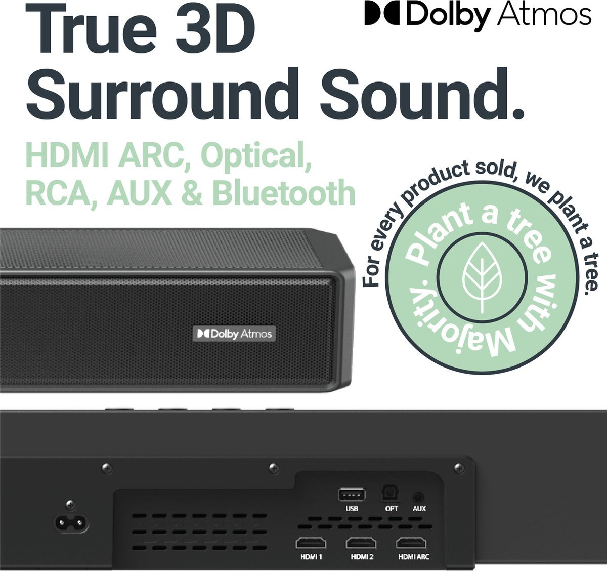 Barre de son avec Dolby Atmos, détails du produit et ports. Plante un arbre pour chaque produit vendu.