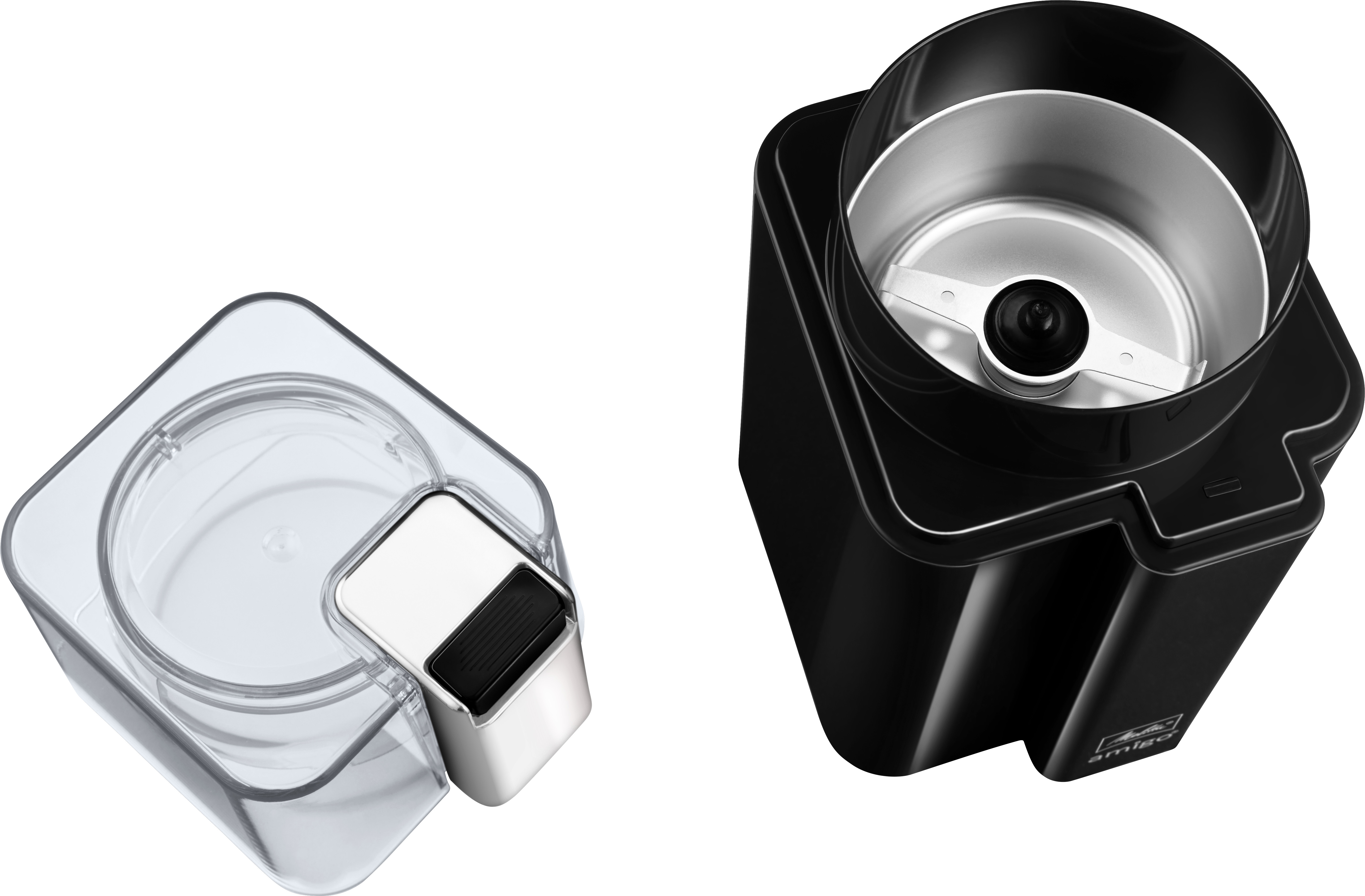 Młynek do kawy: przezroczysty pojemnik i czarny młynek z ostrzem.