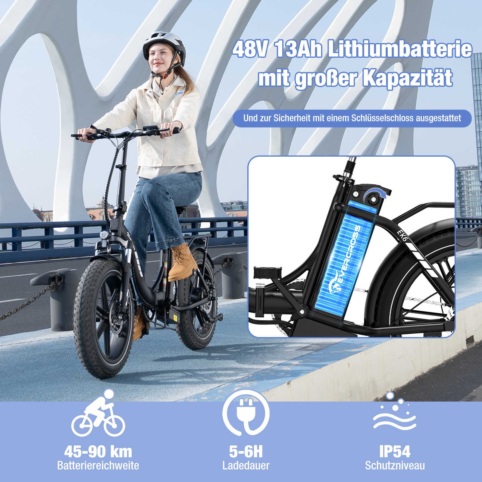Person fährt E-Bike mit Batterieanzeige und Spezifikationen.