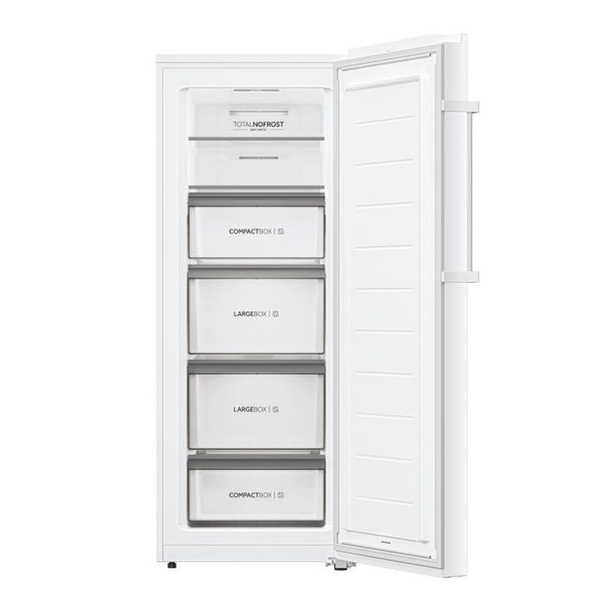 Weißer Gefrierschrank mit geöffneter Tür, Schubladen und Regalen.