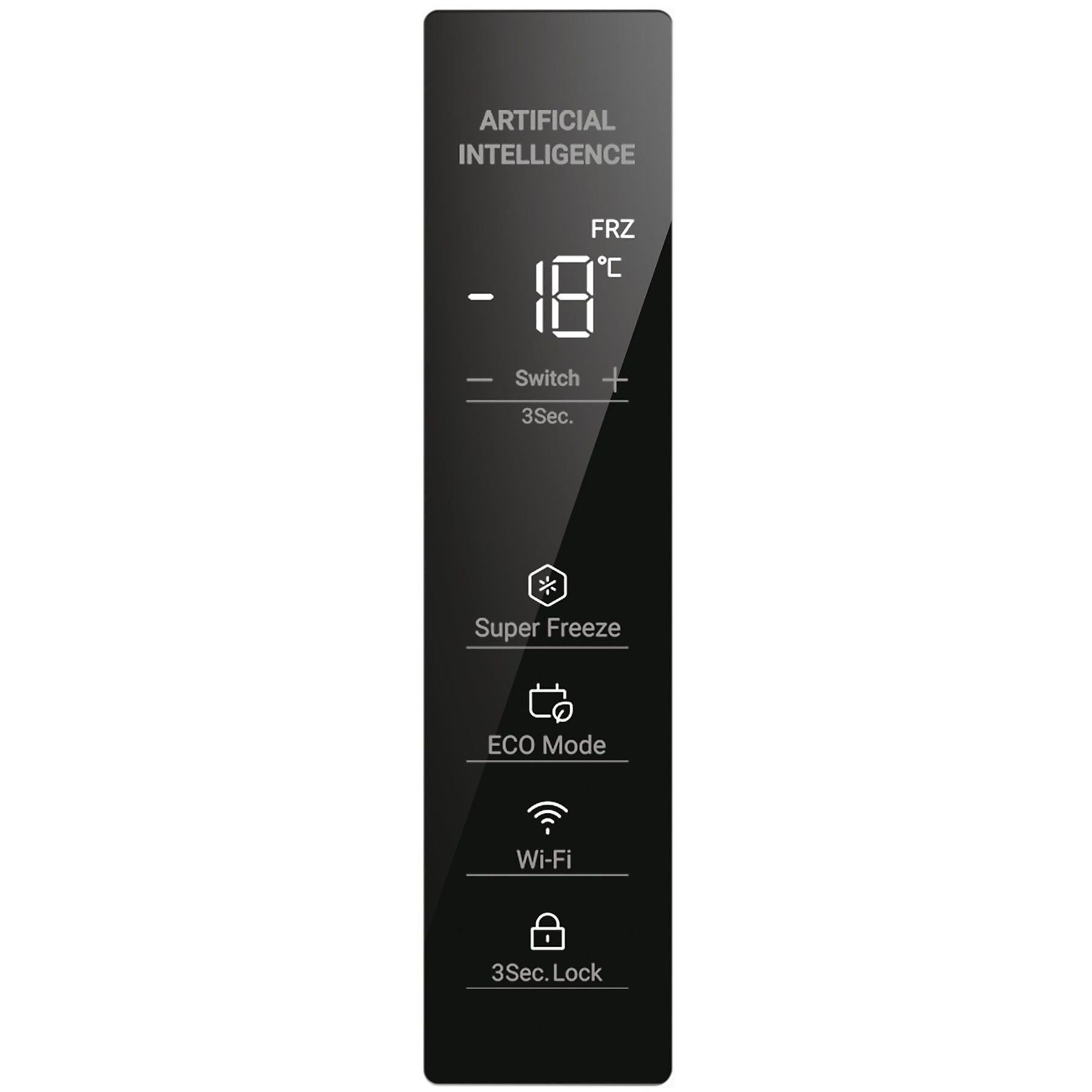 Digitales Display an einem Gefrierschrank, das Temperatur und Einstellungen anzeigt.