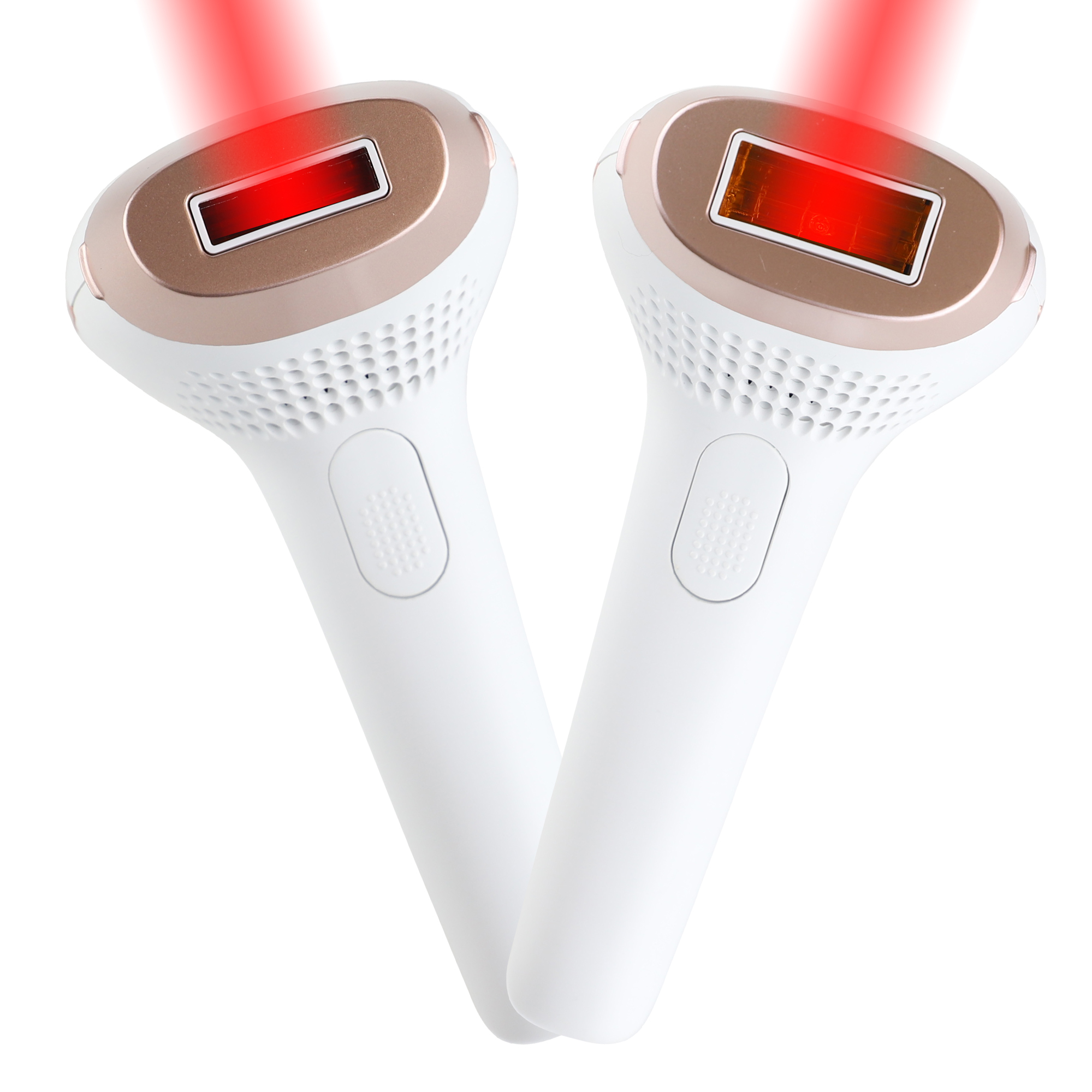 Due dispositivi bianchi portatili per la rimozione dei peli laser, con luce rossa.