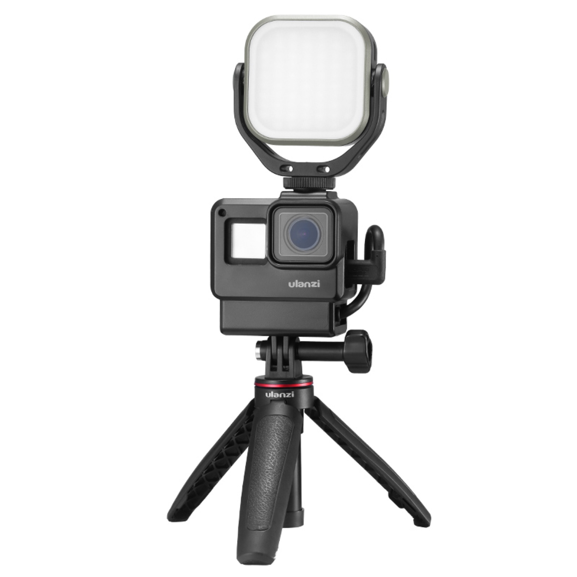 GoPro camera set up with a LED light on top and a small tripod.