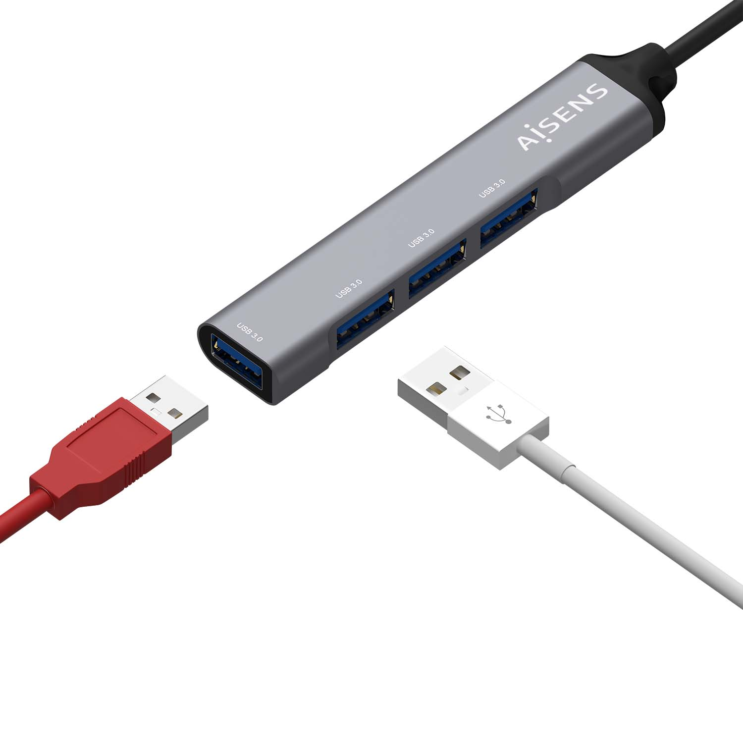Concentrador USB con cables USB conectados y desconectados. El fondo es blanco.