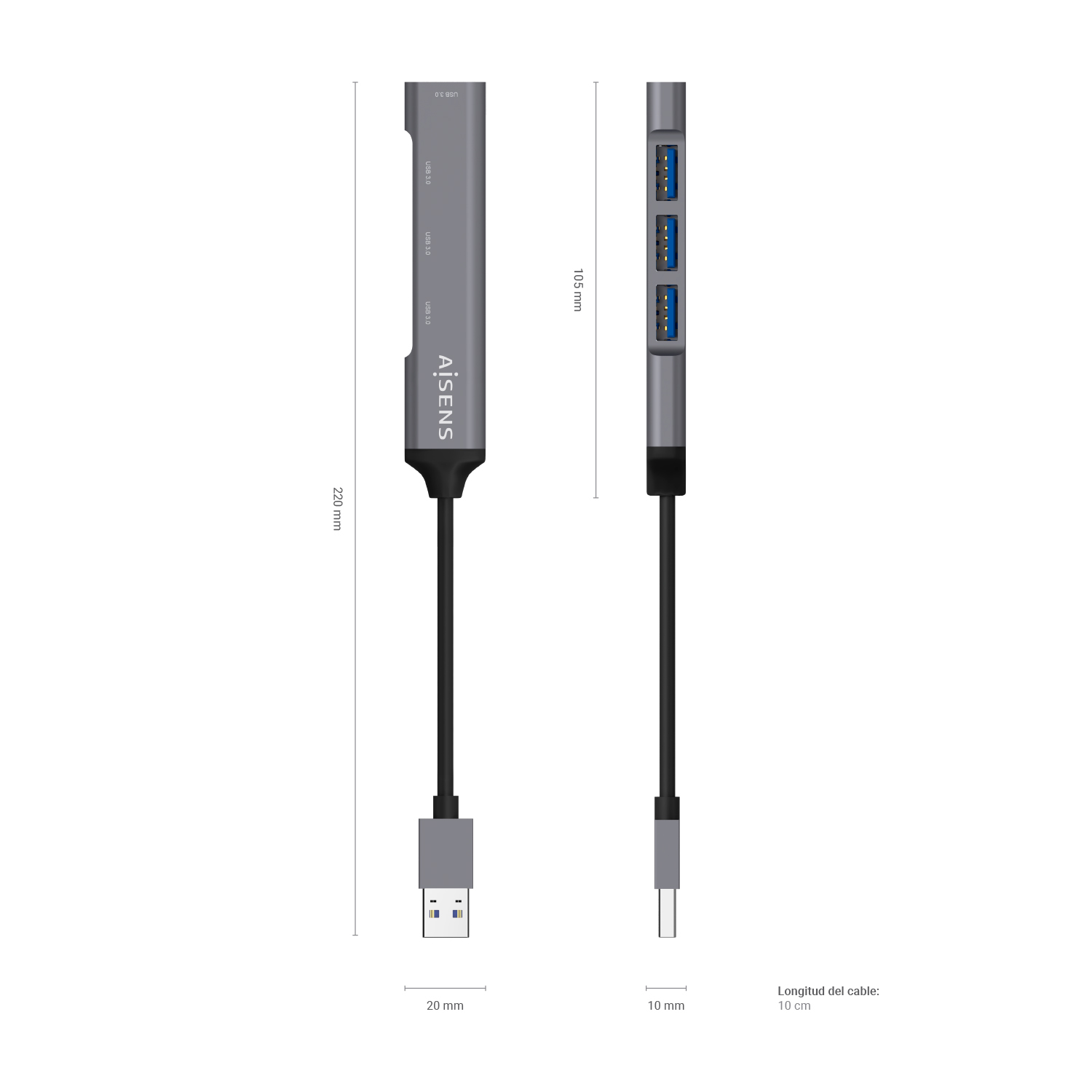 Concentrador USB con conector USB-A y tres puertos USB-A, con medidas.