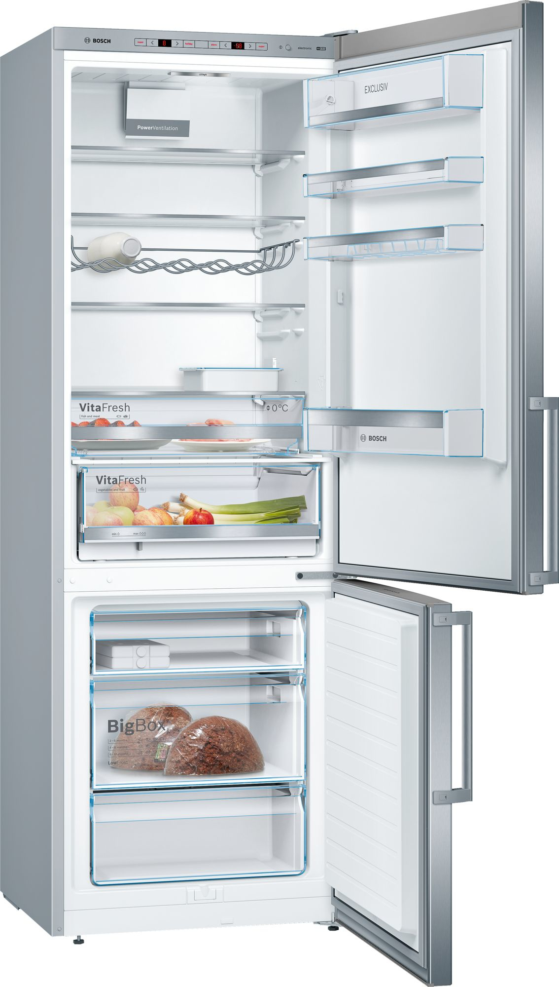 Offener Kühlschrank mit Gemüse, Obst und Gläsern.