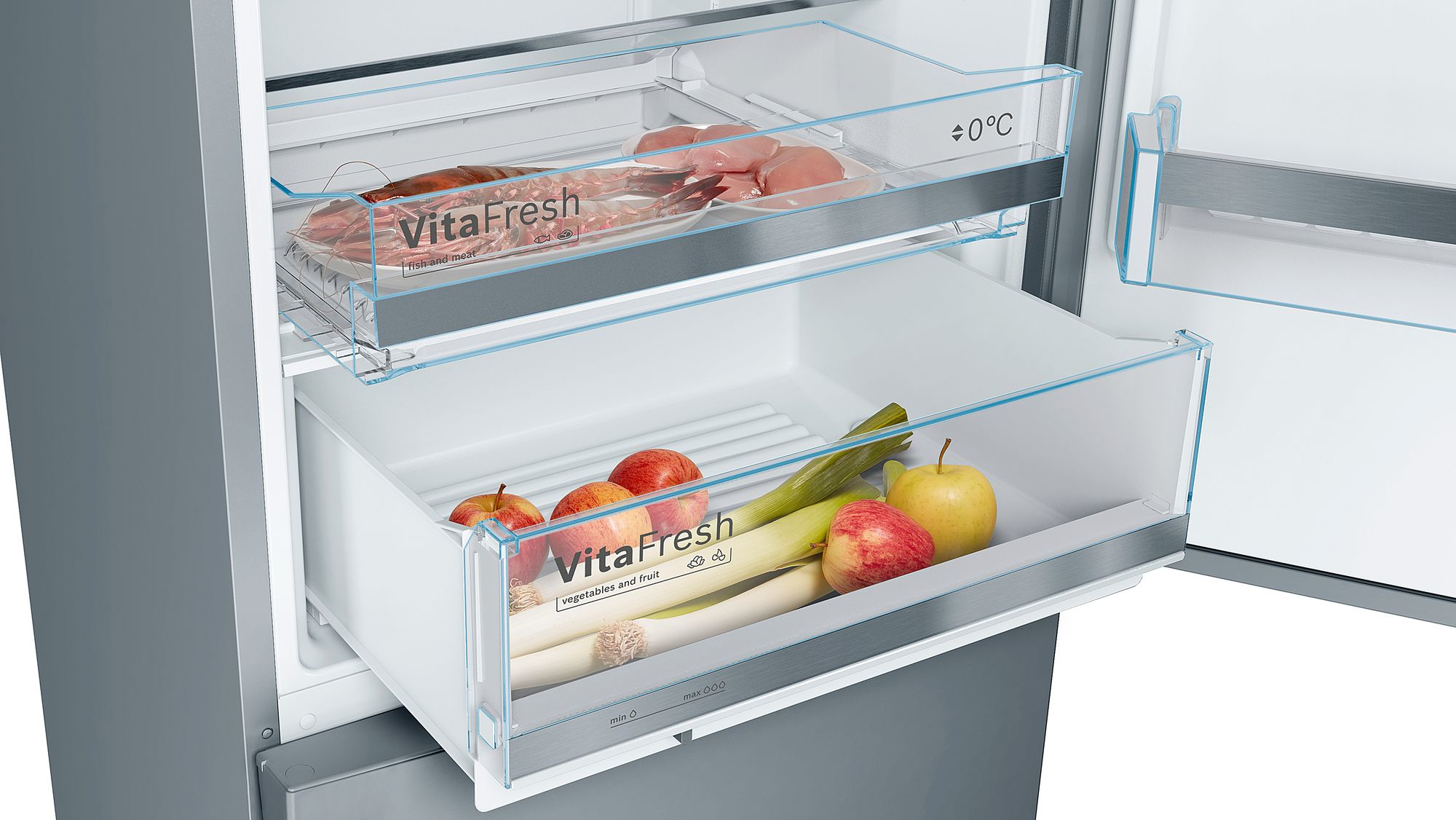 Kühlschrank: frische Lebensmittel, Obst, Gemüse und Fleisch.